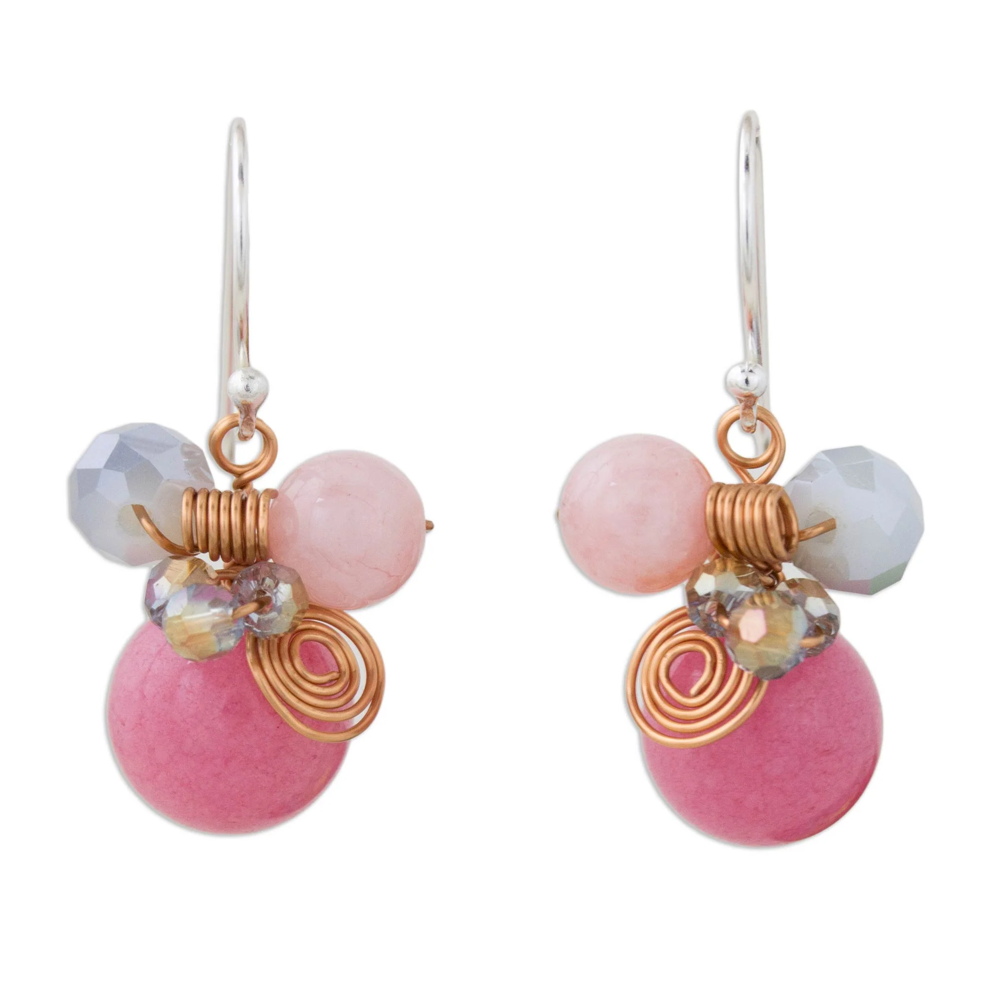 Pink Bubbles Pink Quartz and Glass Bead Dangle Earrings with Copper - Image 2