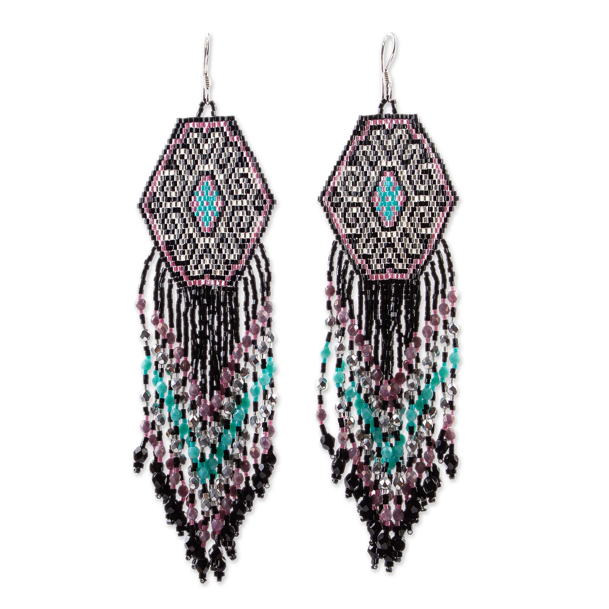 Pink Extravaganza Huichol Beadwork Long Earrings in Black-Pink-Mint - Image 2