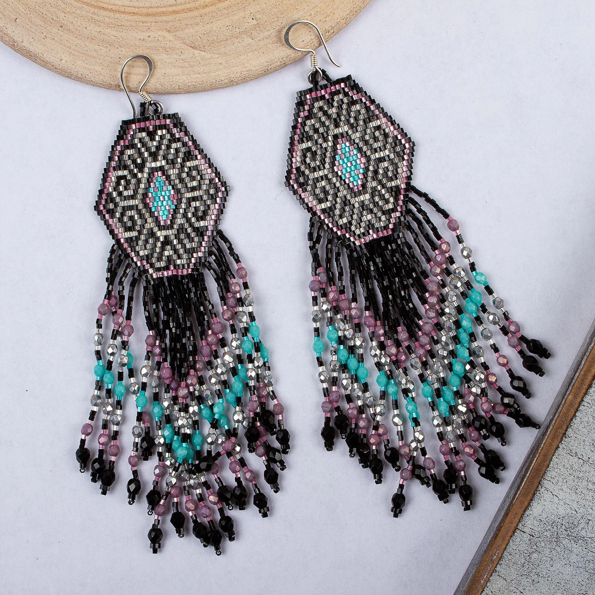 Pink Extravaganza Huichol Beadwork Long Earrings in Black-Pink-Mint - Image 4