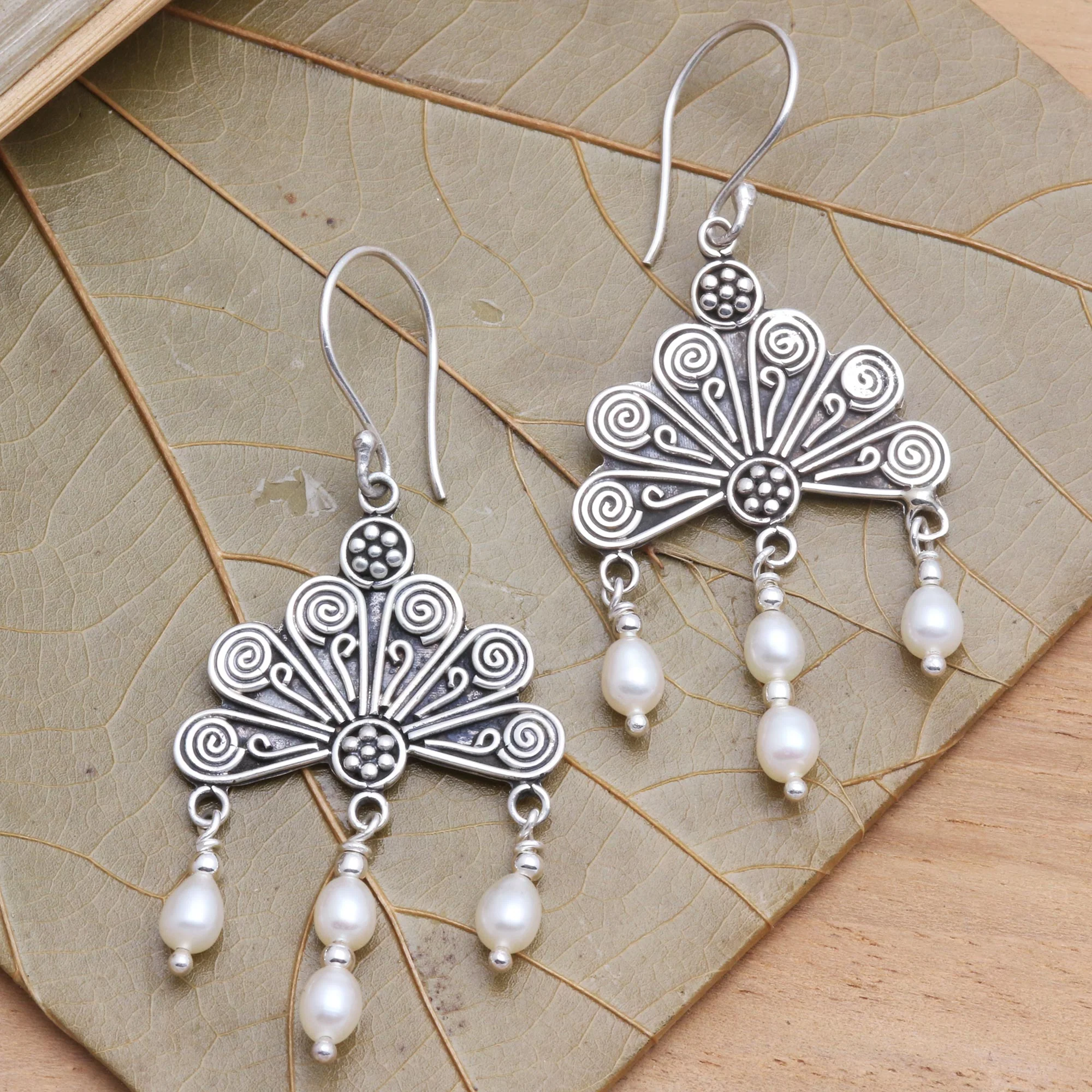 Pink Fan Sterling Silver and Pearl Chandelier Earrings