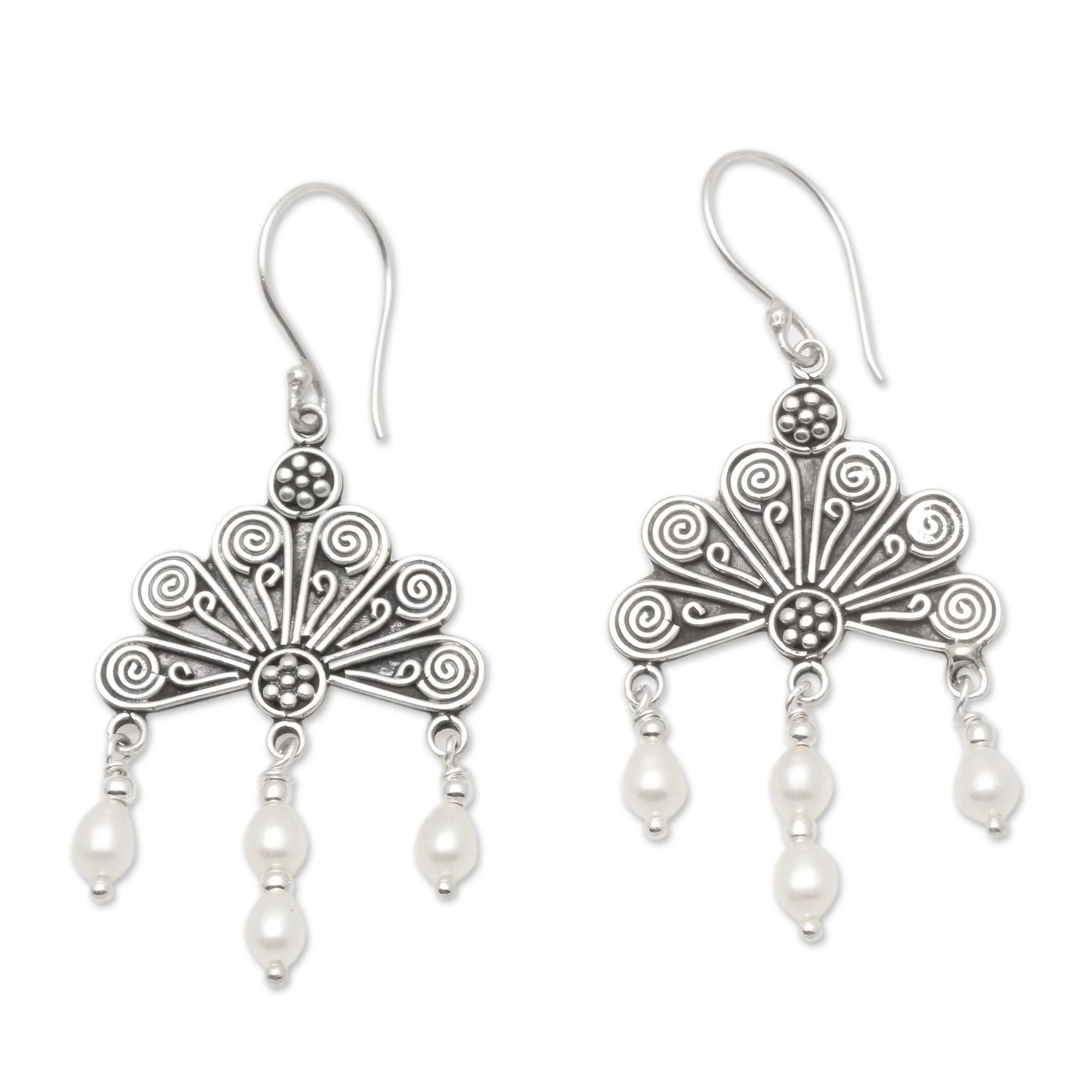 Pink Fan Sterling Silver and Pearl Chandelier Earrings - Image 2