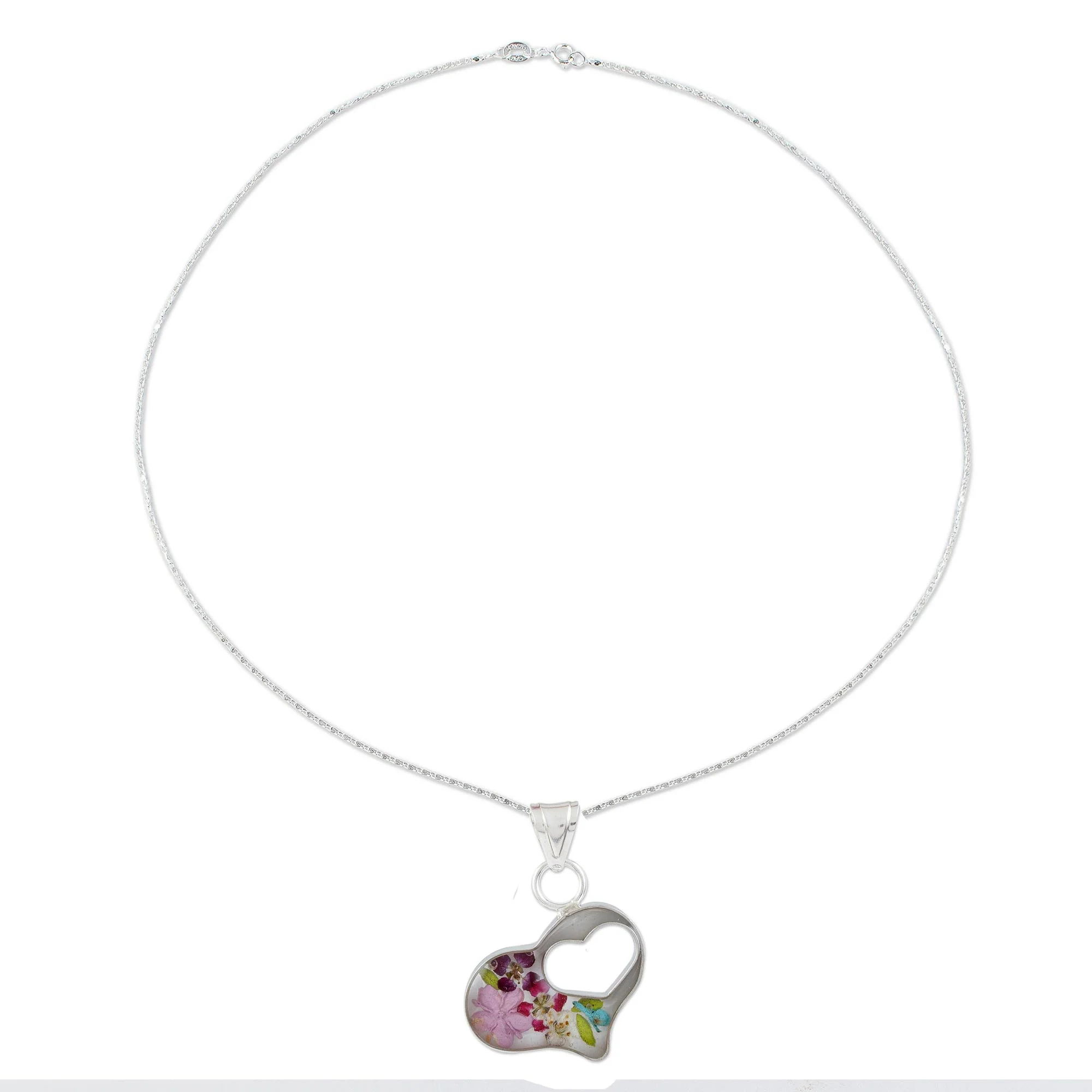 Pink Flowered Heart Clear Resin Double Heart Sterling Silver Pendant Necklace - Image 4