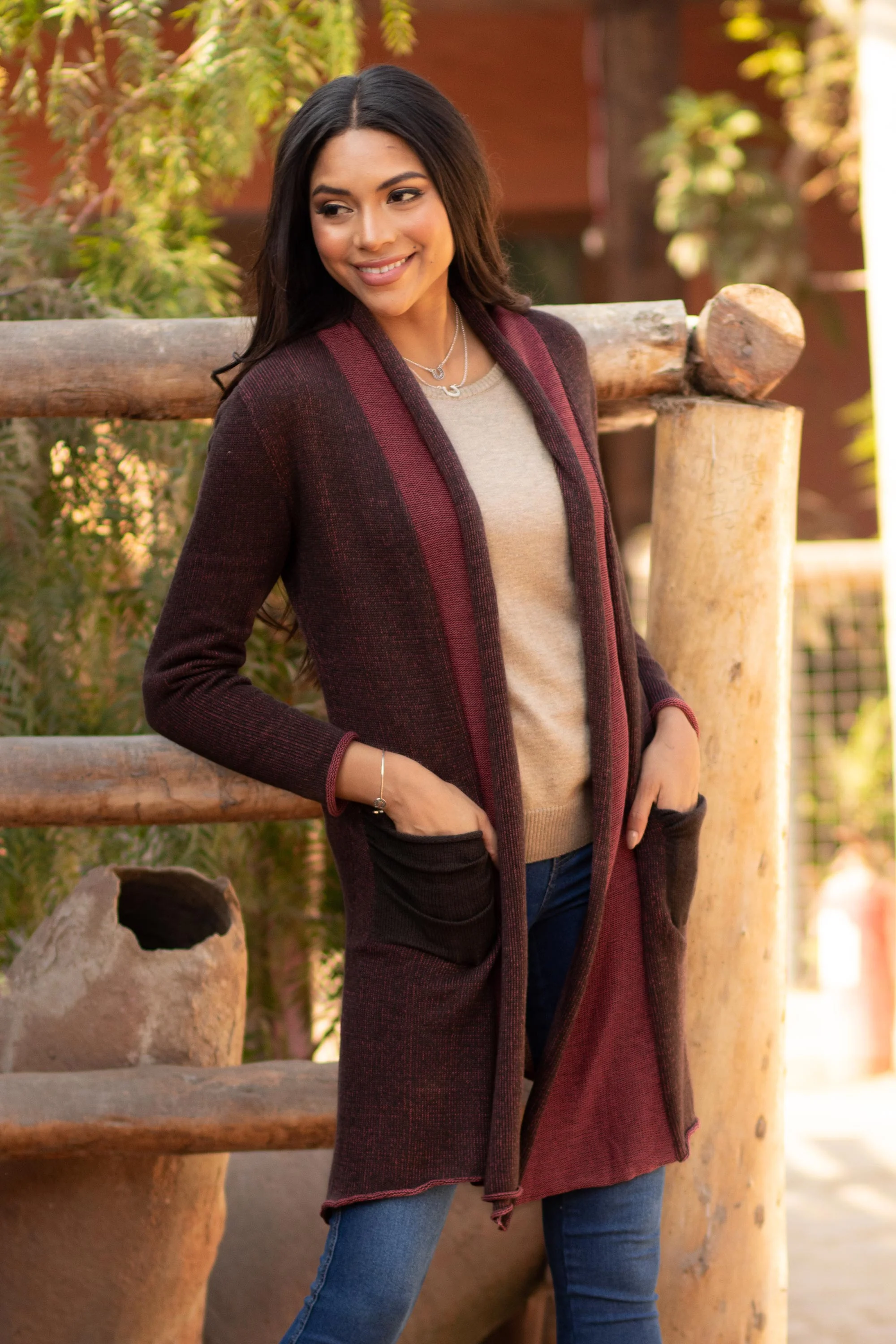 Pink Java Long Brown and Pink 100% Pima Cotton Cardigan from Peru - Image 3