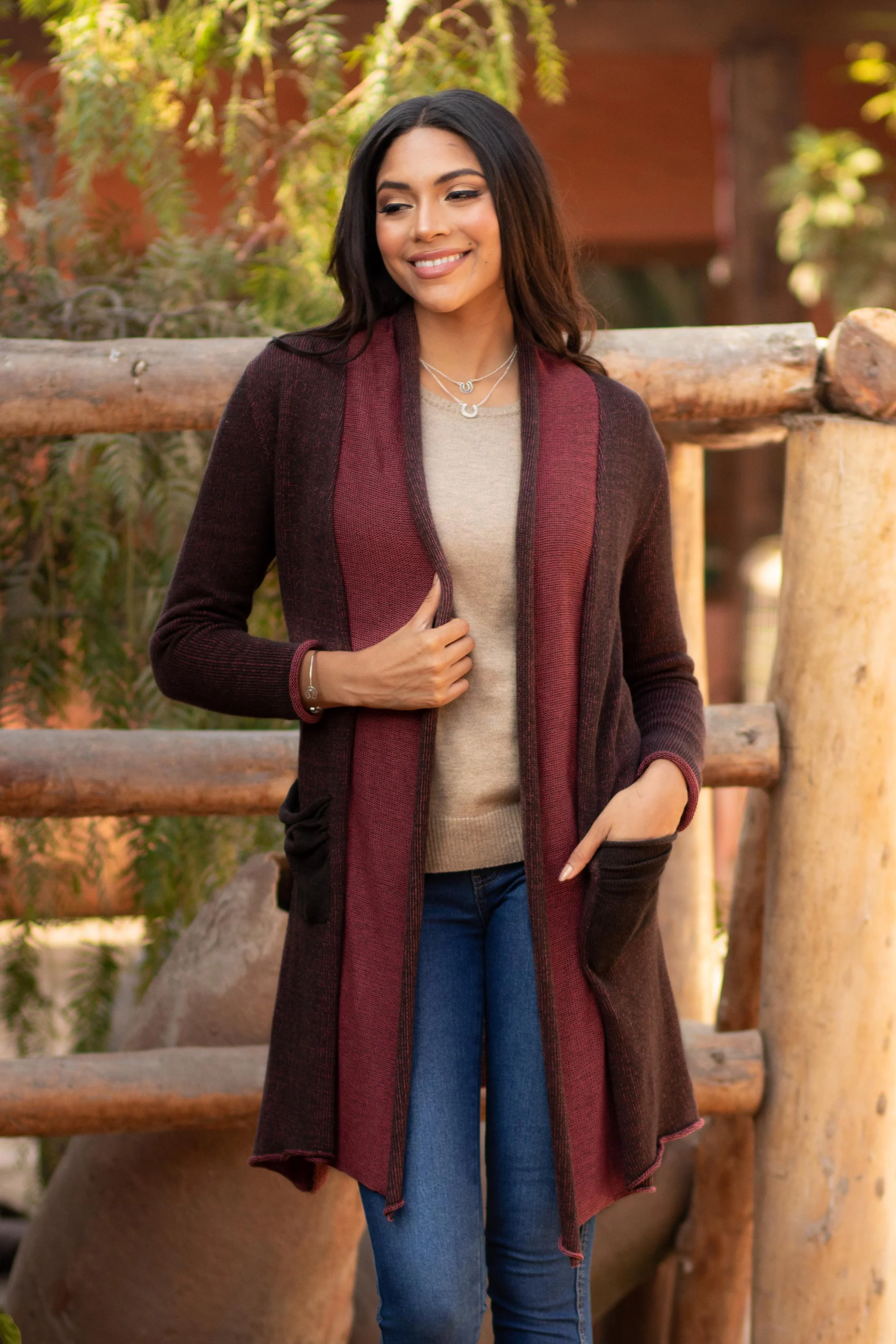 Pink Java Long Brown and Pink 100% Pima Cotton Cardigan from Peru - Image 4