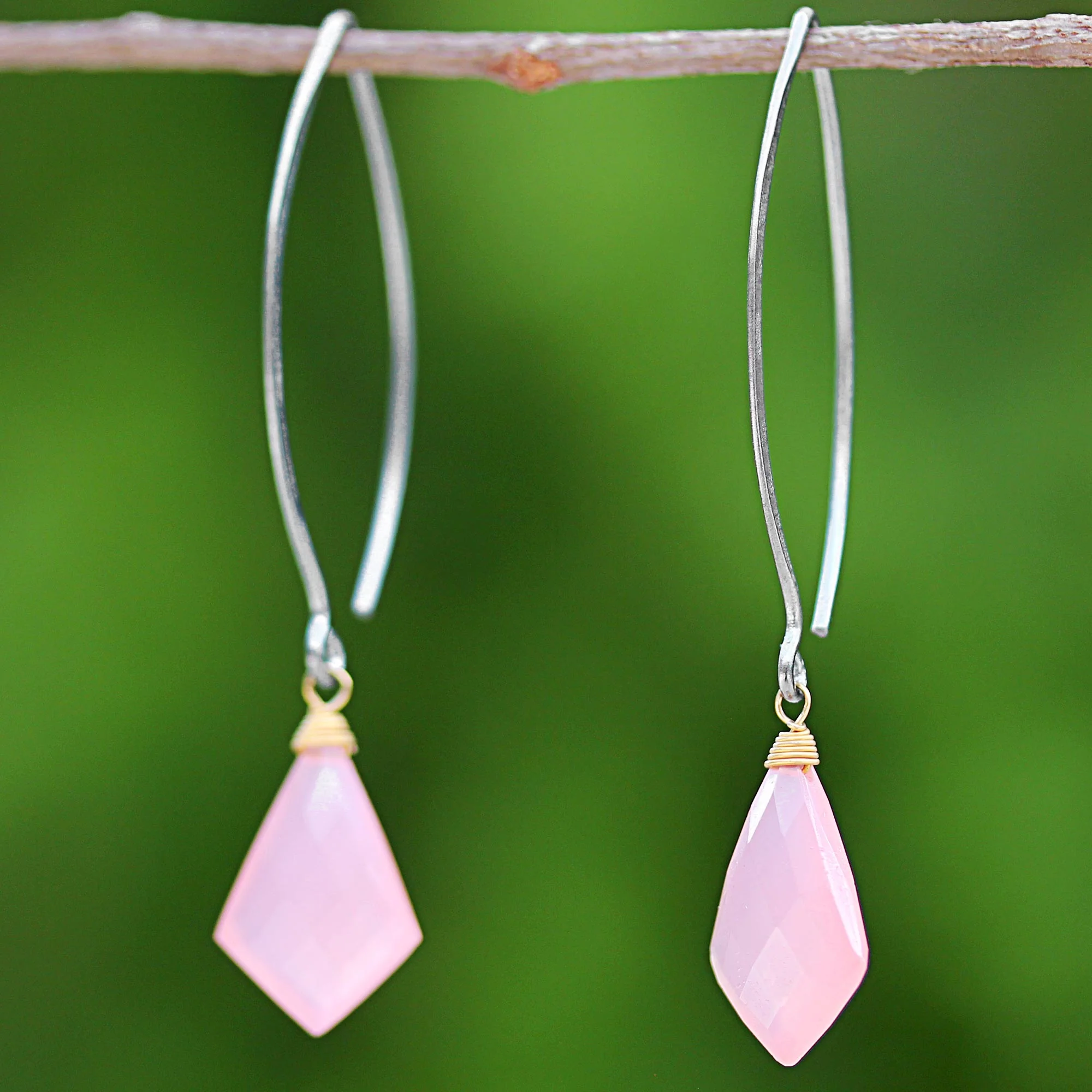 Pink Lily Crystals Long Pink Gold Accent Chalcedony Dangle Earrings Thailand - Image 3