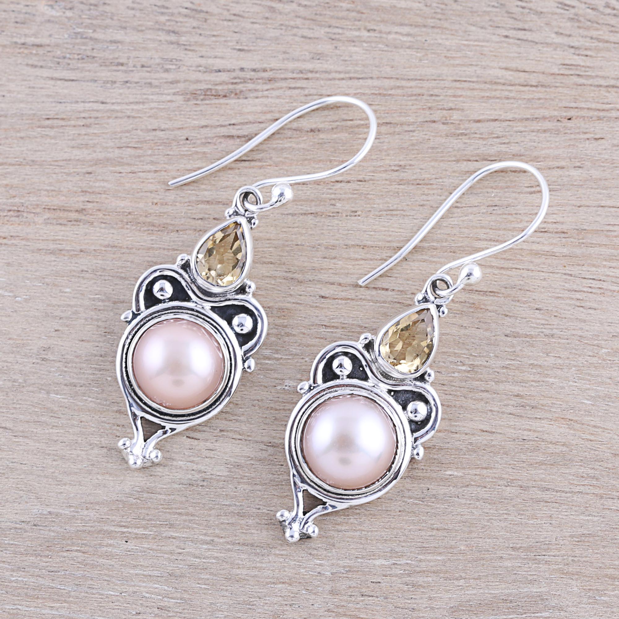 Pink Moon Sparkle Pink Cultured Pearl and Citrine Dangle Earrings from Citrine - Image 3