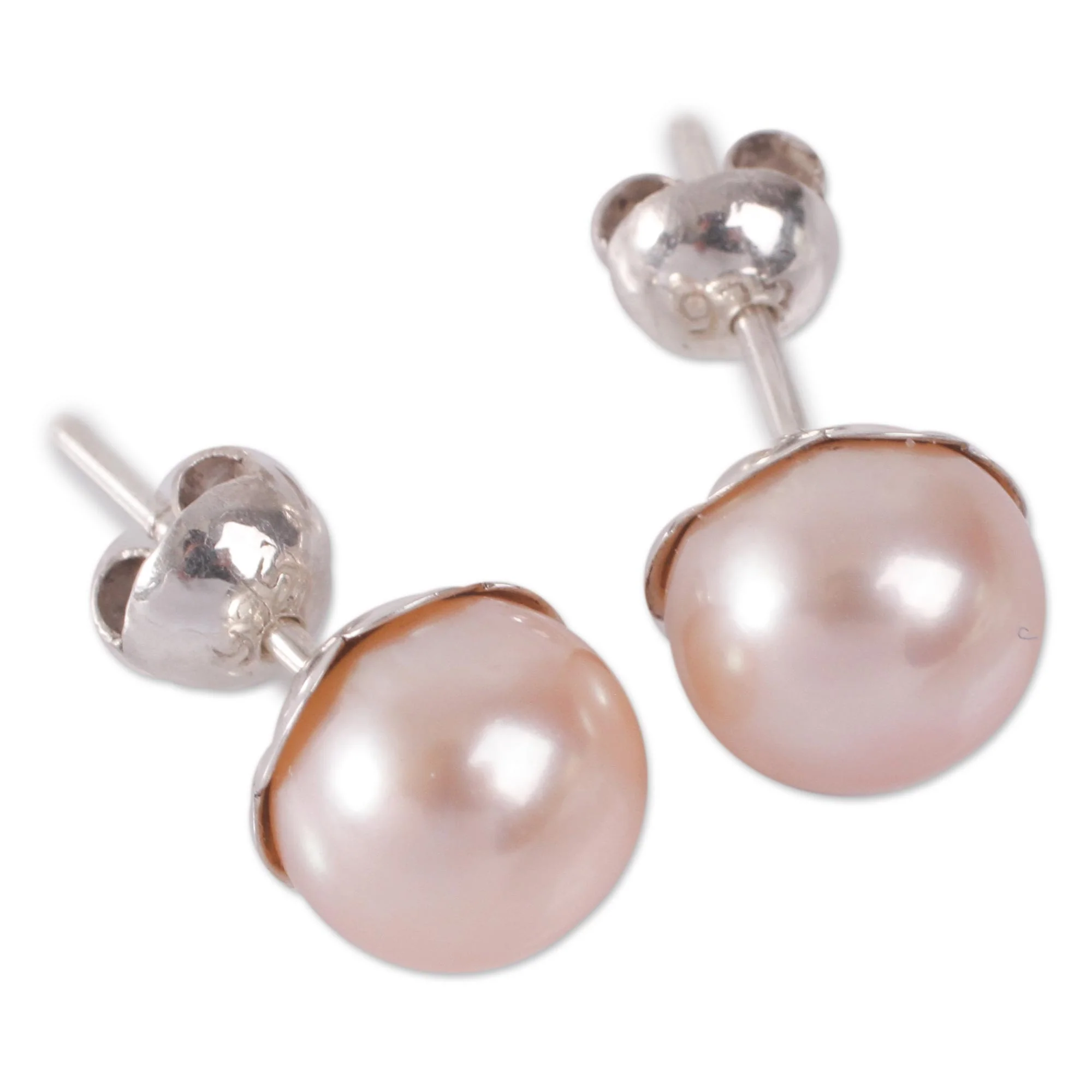 Pink Nascent Flower Pink Cultured Pearl Handcrafted Stud Earrings from Peru - Image 3