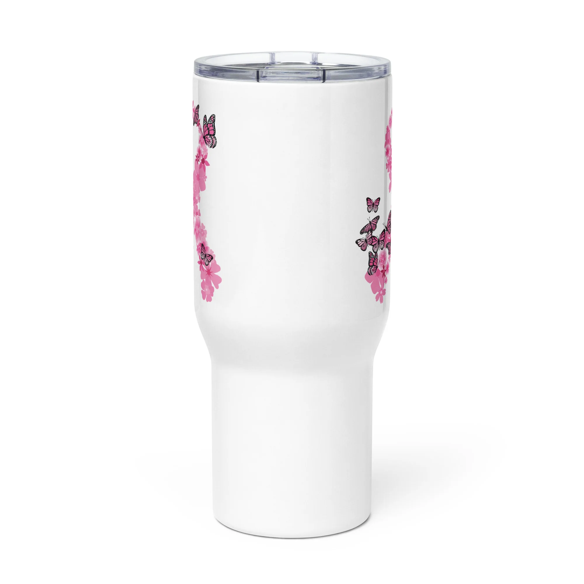 Pink Ribbon Butterflies Take Flight 25oz Handle Tumbler Travel Mug - Image 3
