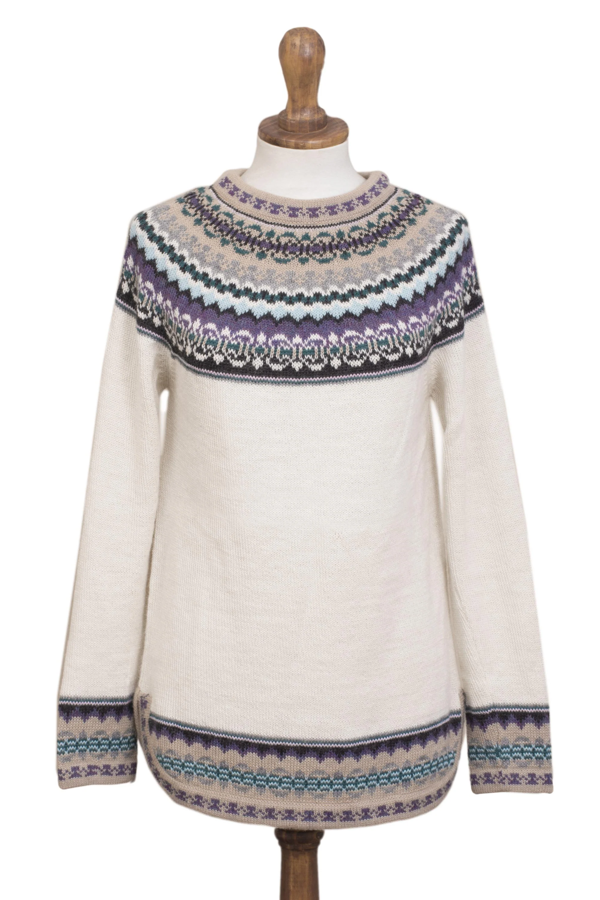 Playful Ivory Knit 100% Alpaca Pullover Sweater in Antique White from Peru - Image 2
