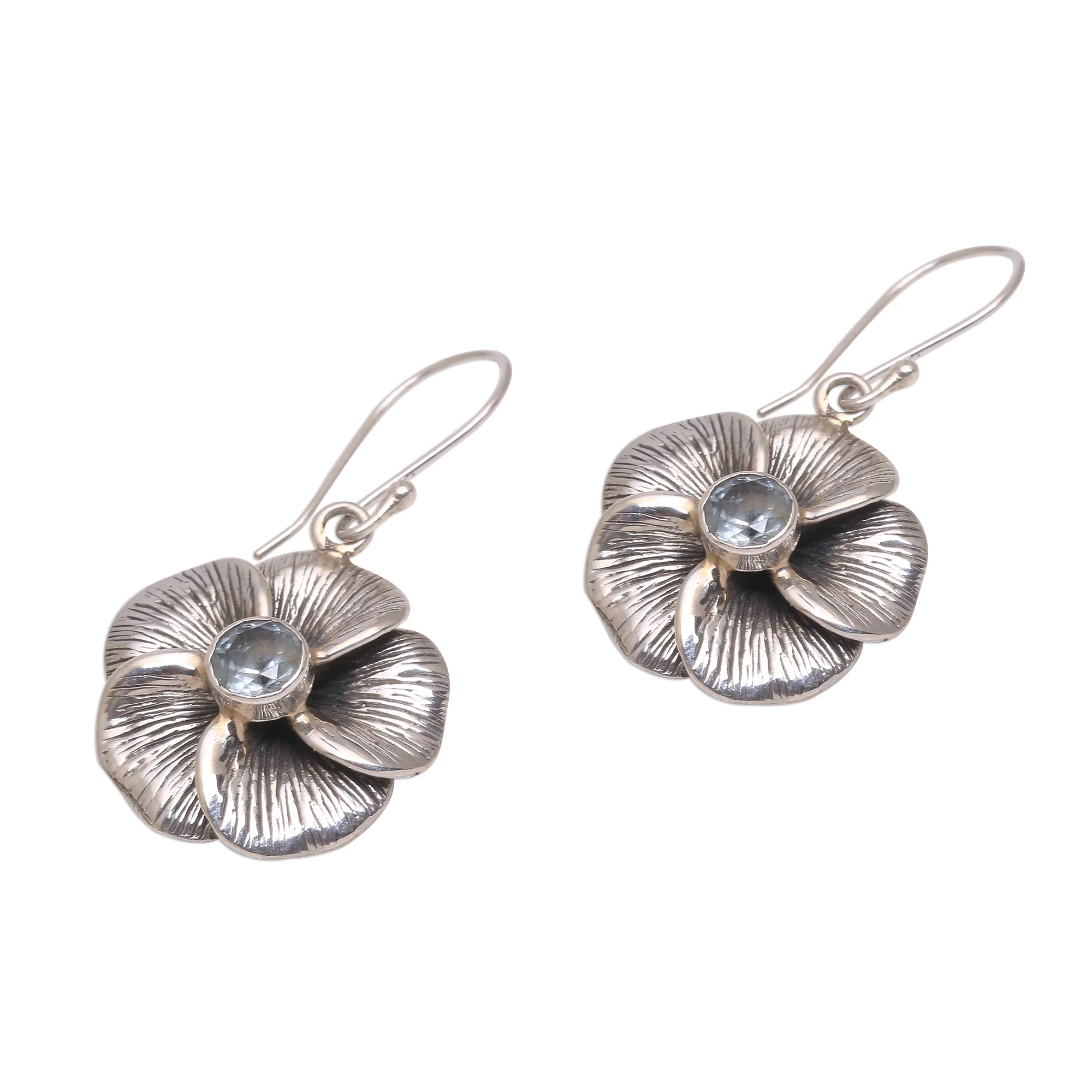 Plumeria Sparkle Blue Topaz Frangipani Flower Dangle Earrings from Bali - Image 5