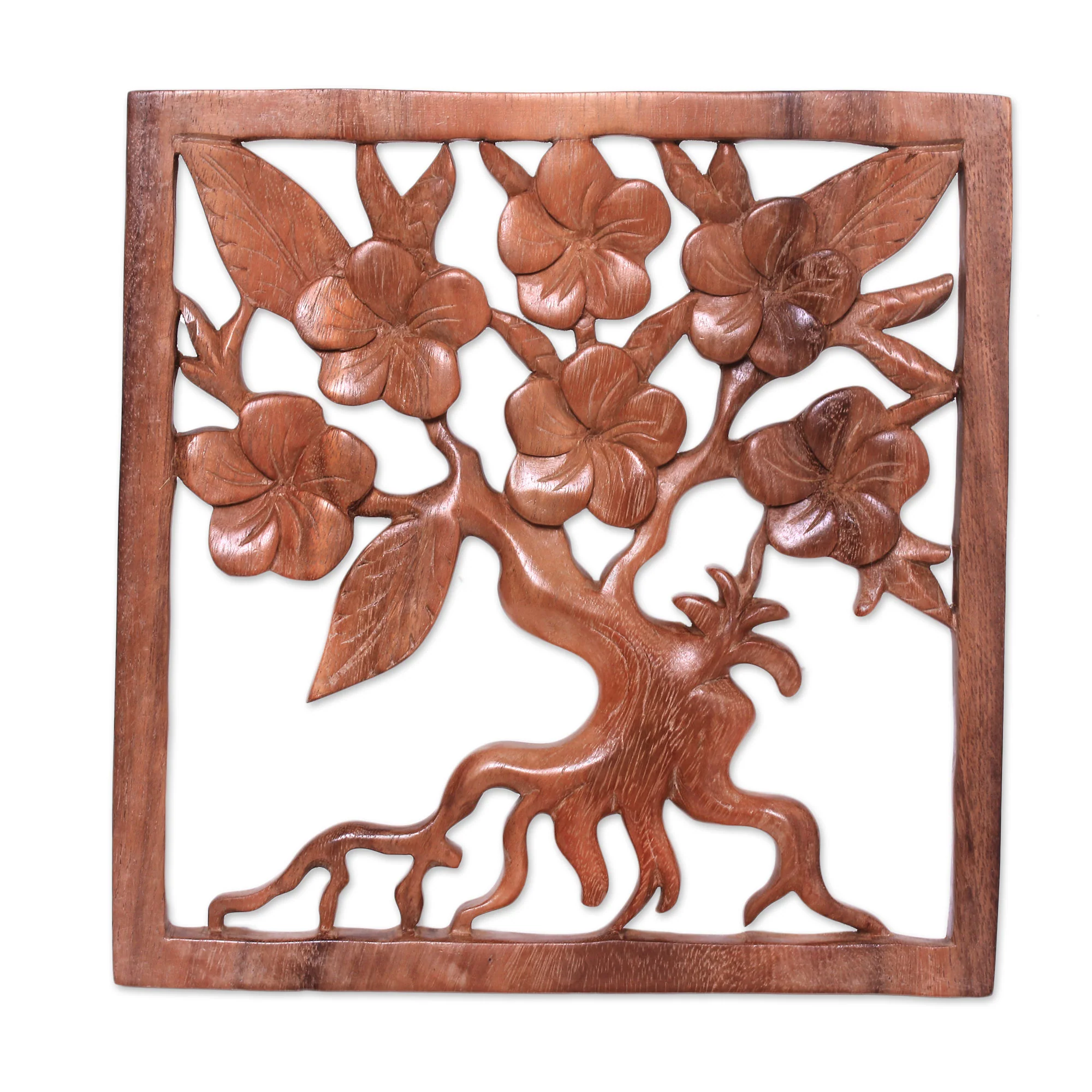 Plumeria Tree Plumeria Tree Hand Carved Square Wood Relief Wall Panel - Image 2