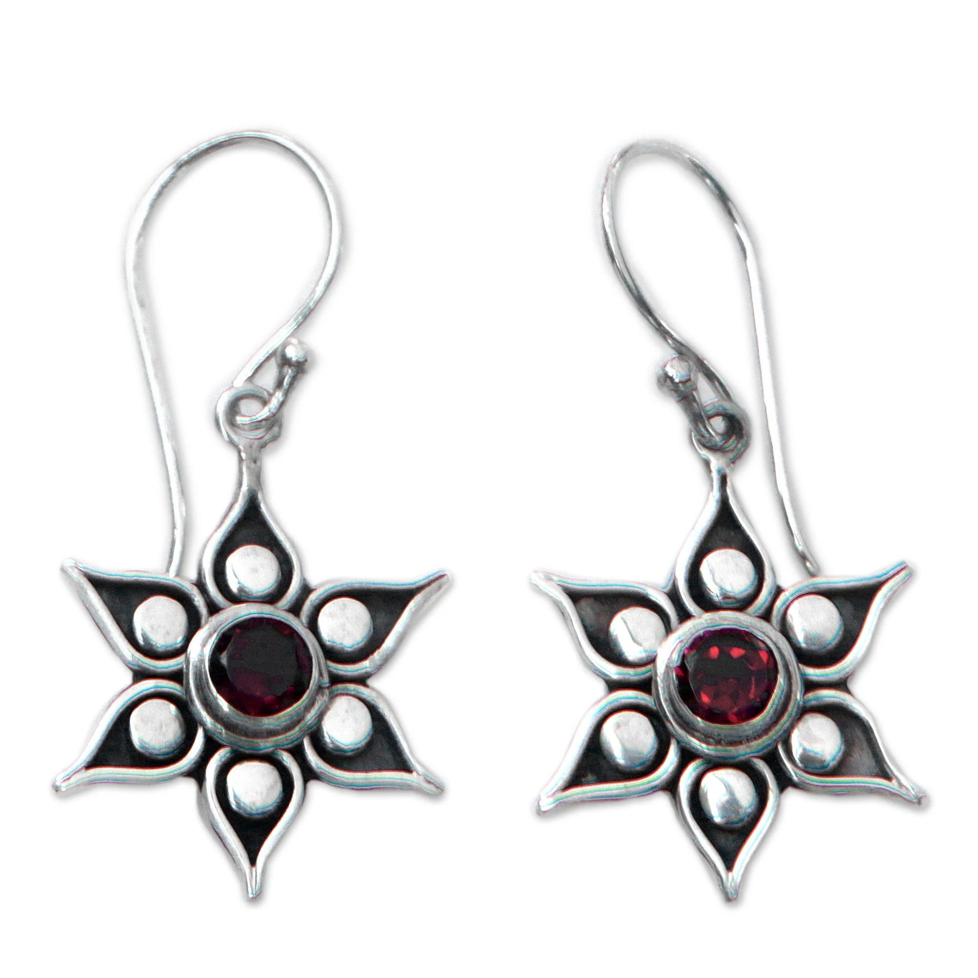 Poinsettias Silver & Garnet Flower Earrings - Image 2