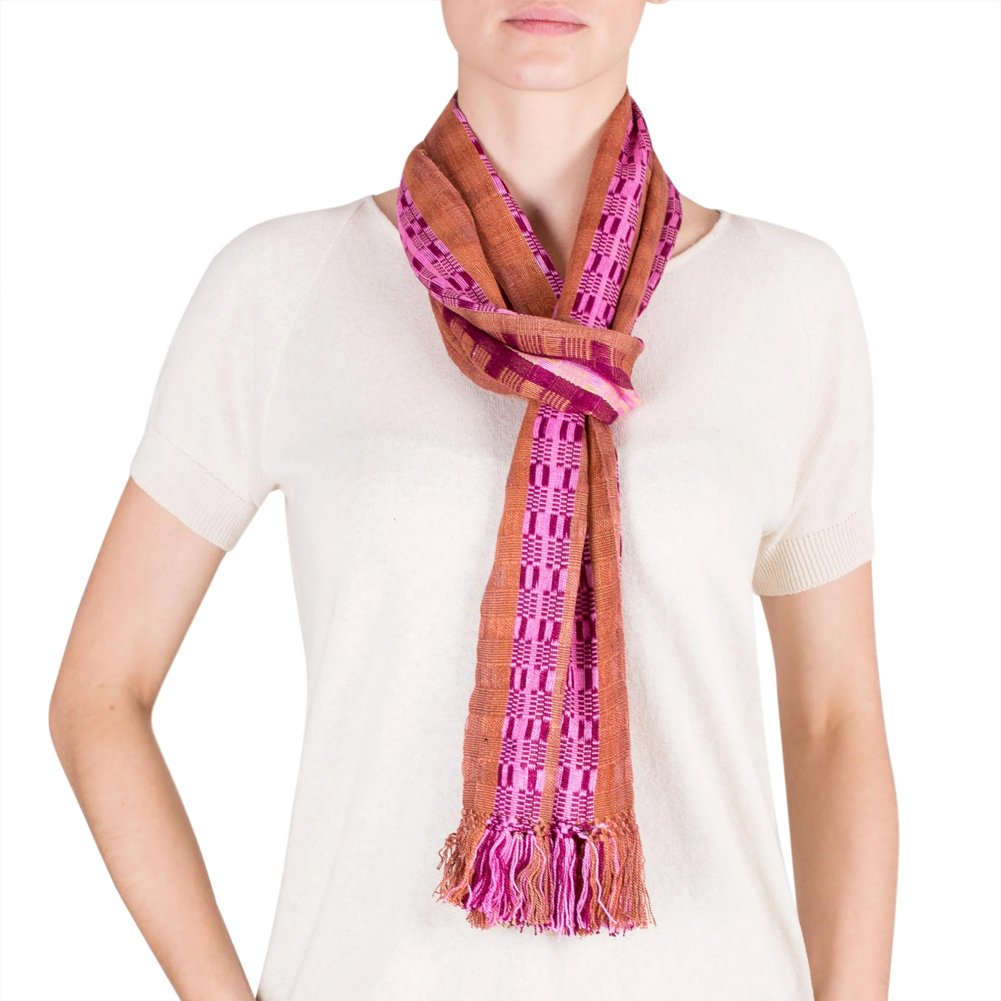 Pomegranate Passion Hand Woven Rayon Chenille Scarf Woven in Red Purple and Pink - Image 2