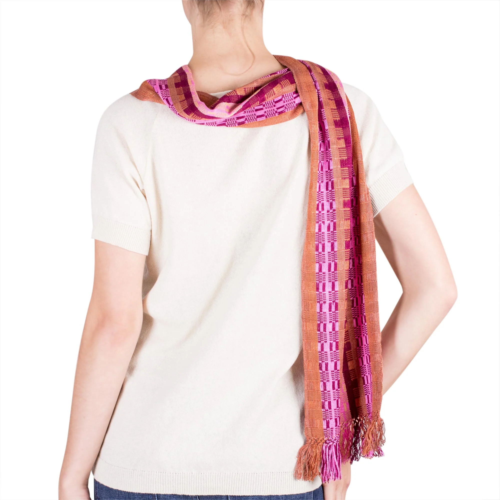 Pomegranate Passion Hand Woven Rayon Chenille Scarf Woven in Red Purple and Pink - Image 3