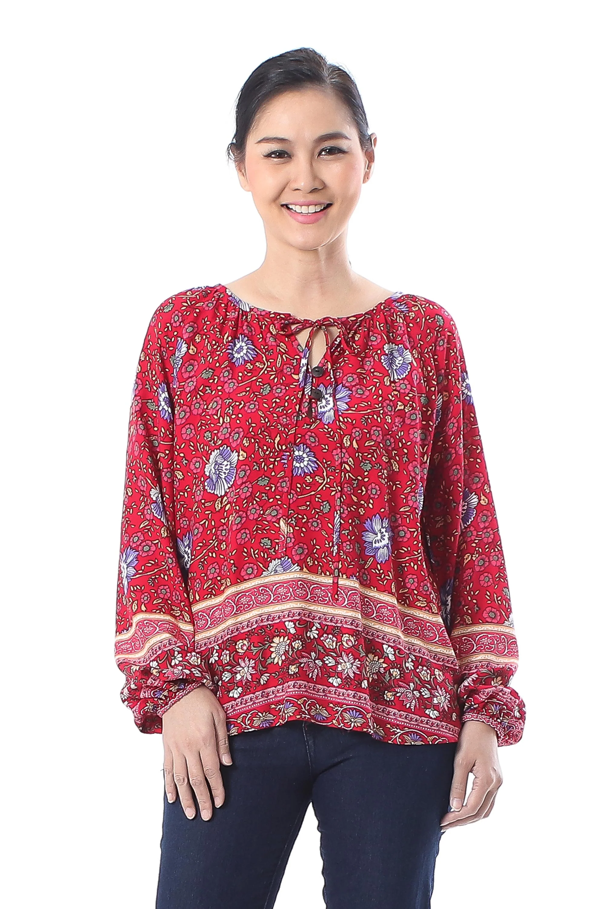 Poppy Garden Floral Rayon Blouse in Poppy Crafted in Thailand - Image 2
