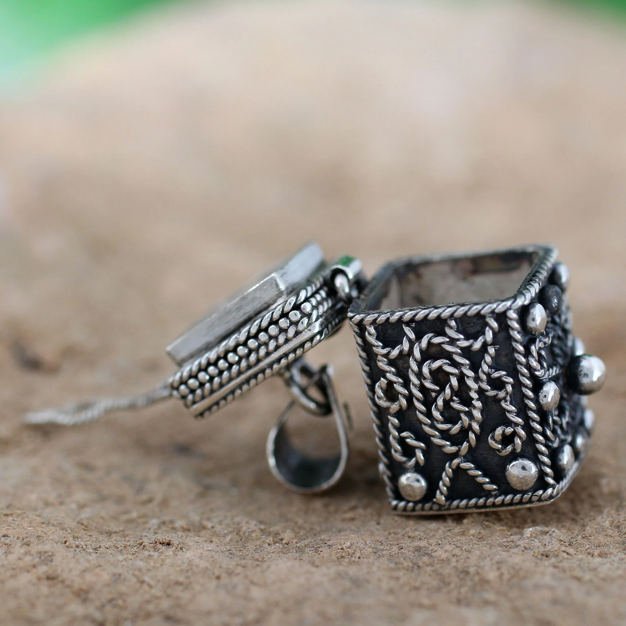 Prayer Box Square Locket Pendant Artisan Crafted Silver Jewelry - Image 3