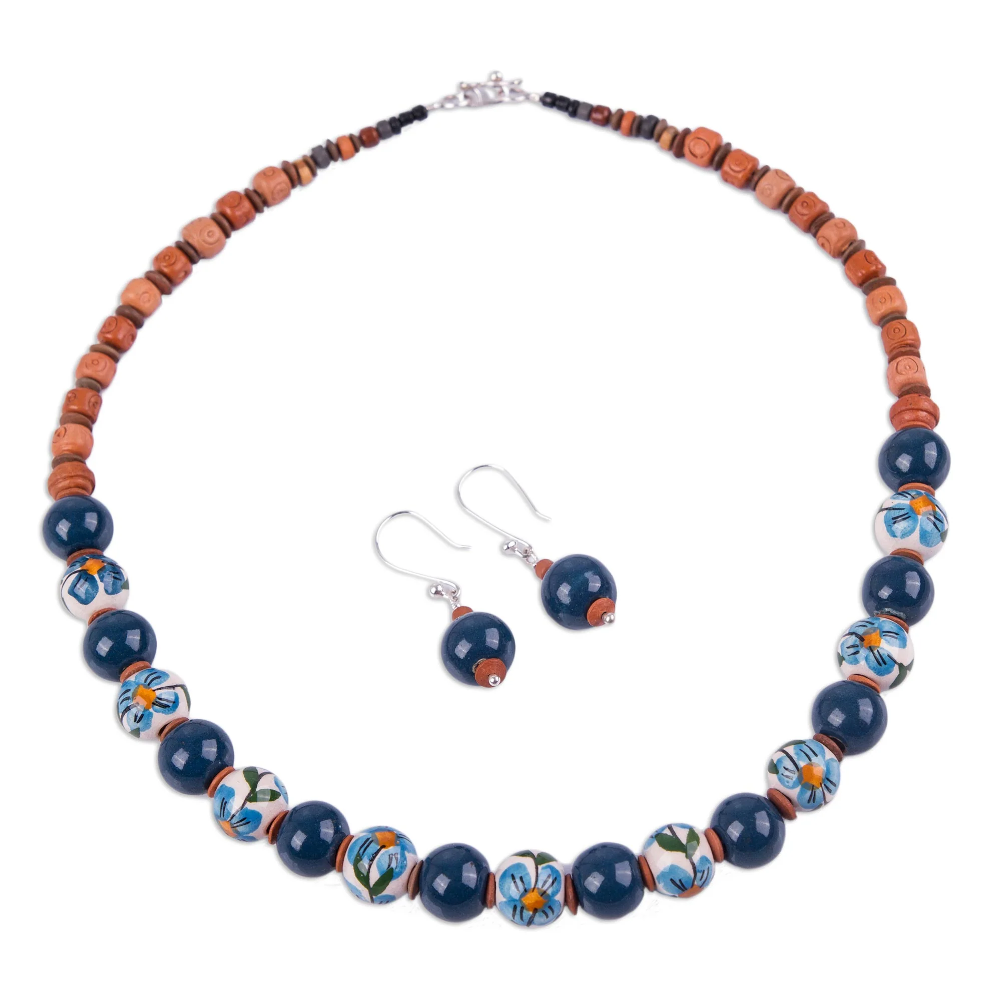 Precious Blue Jewelry Set with Hand Painted Flowers on Ceramic Beads - Image 2