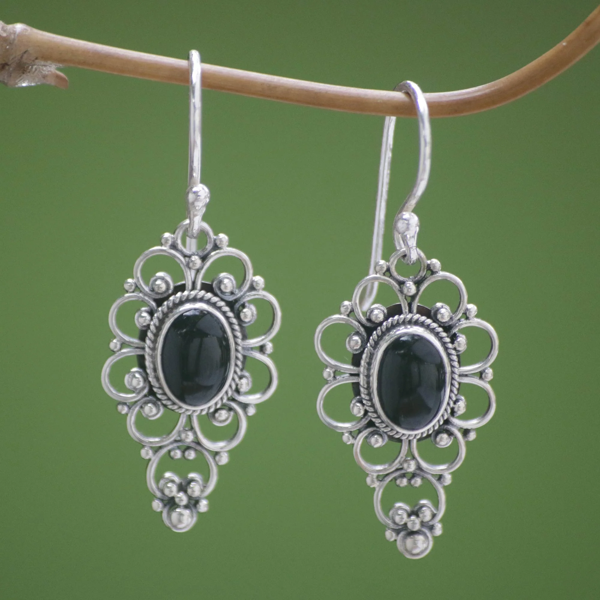 Precious Night Onyx Cabochon Dangle Earrings