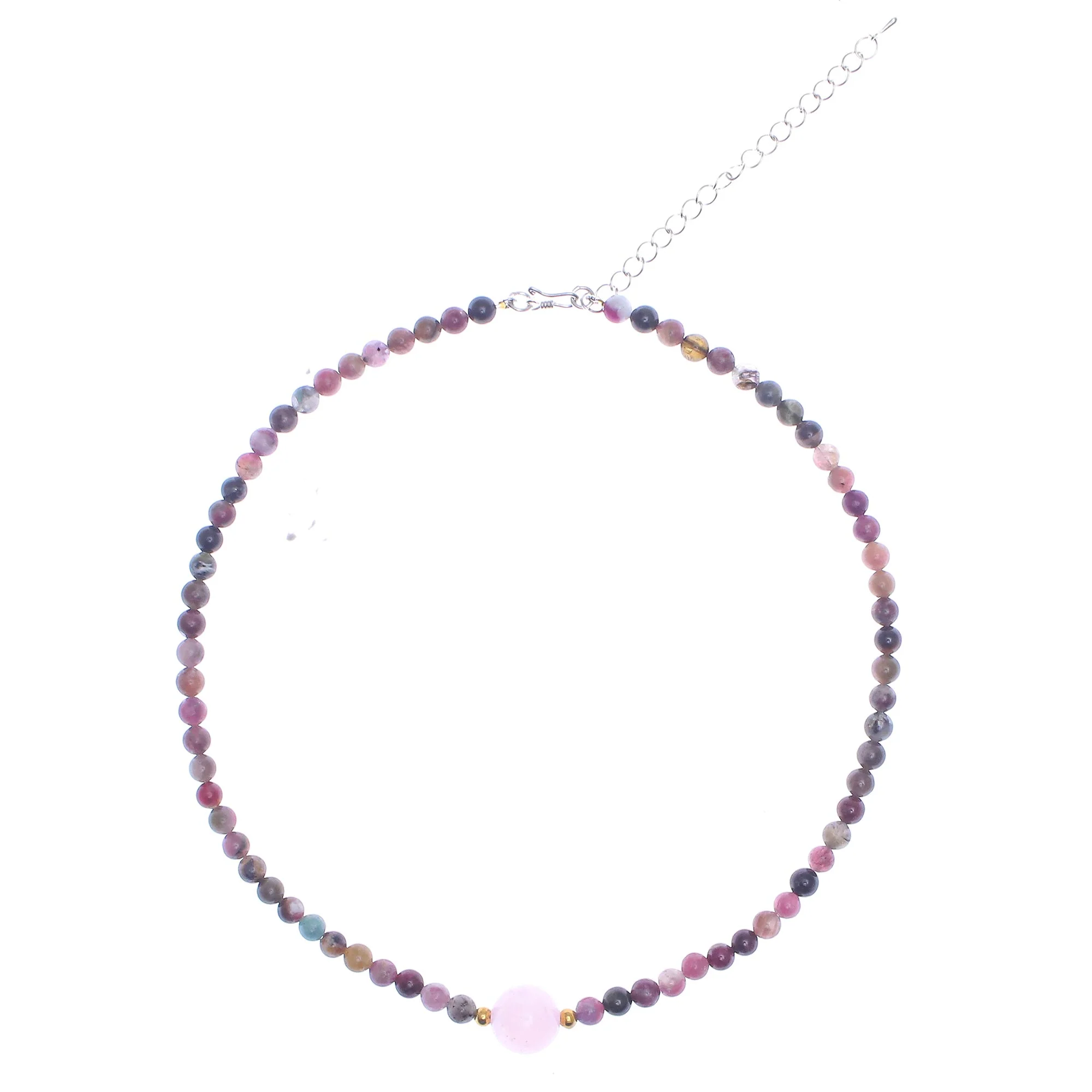 Precious Orb in Rose Hand Made Tourmaline and Rose Quartz Beaded Necklace - Image 2