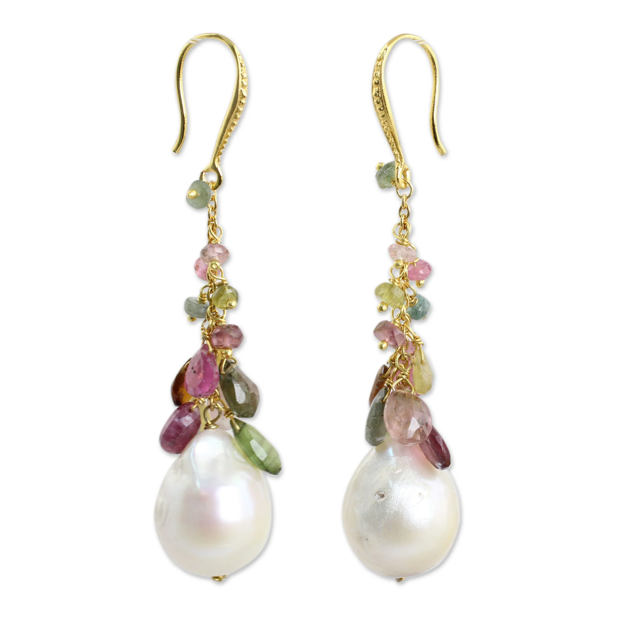 Precious Rainbow Tourmaline Pearl Gold Plated Silver Earrings - Image 2