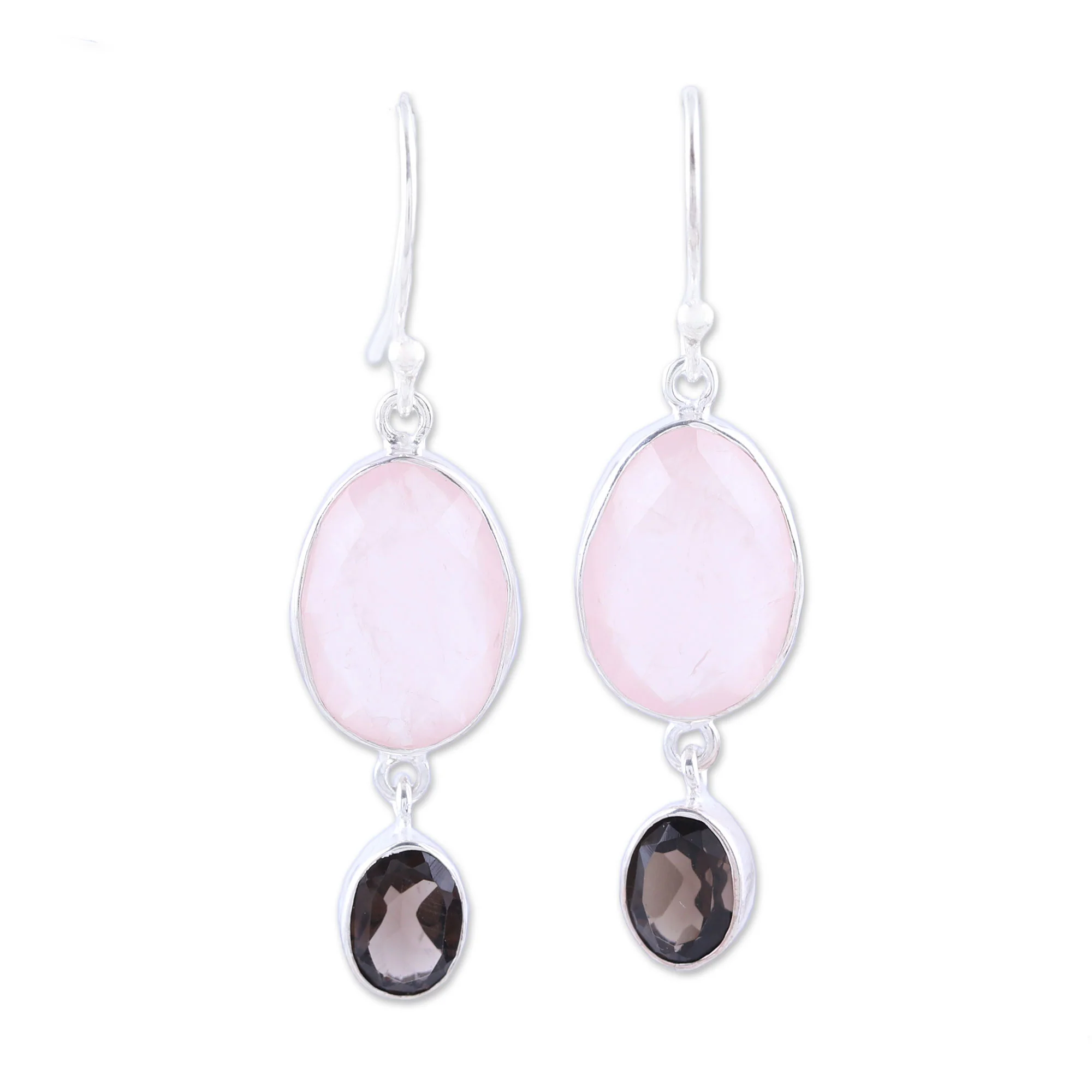 Pretty Pairing Rose Quartz and Smoky Quartz Dangle Earrings from India - Image 2