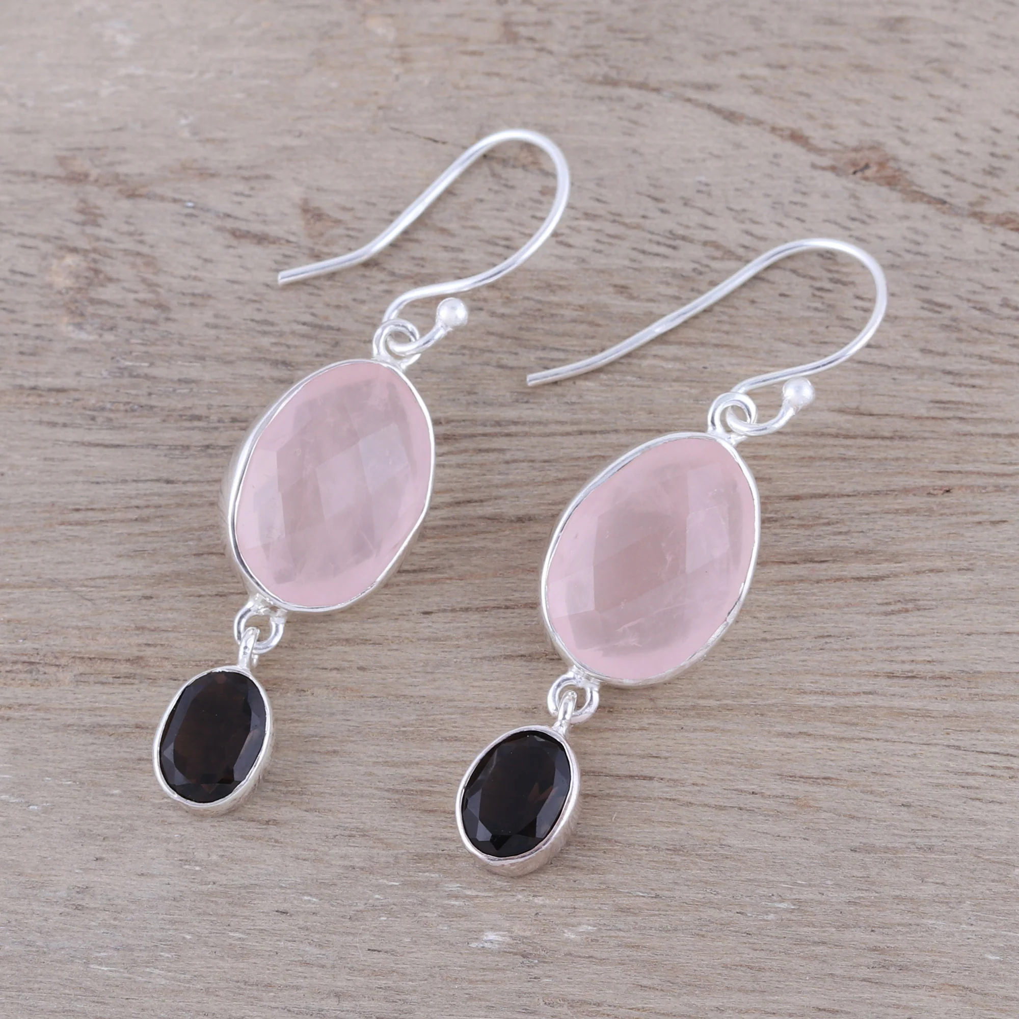 Pretty Pairing Rose Quartz and Smoky Quartz Dangle Earrings from India - Image 3