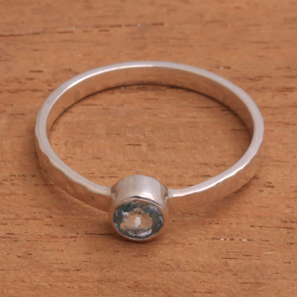 Pretty Paradox Blue Topaz and Hammered Sterling Silver Solitaire Ring - Image 3