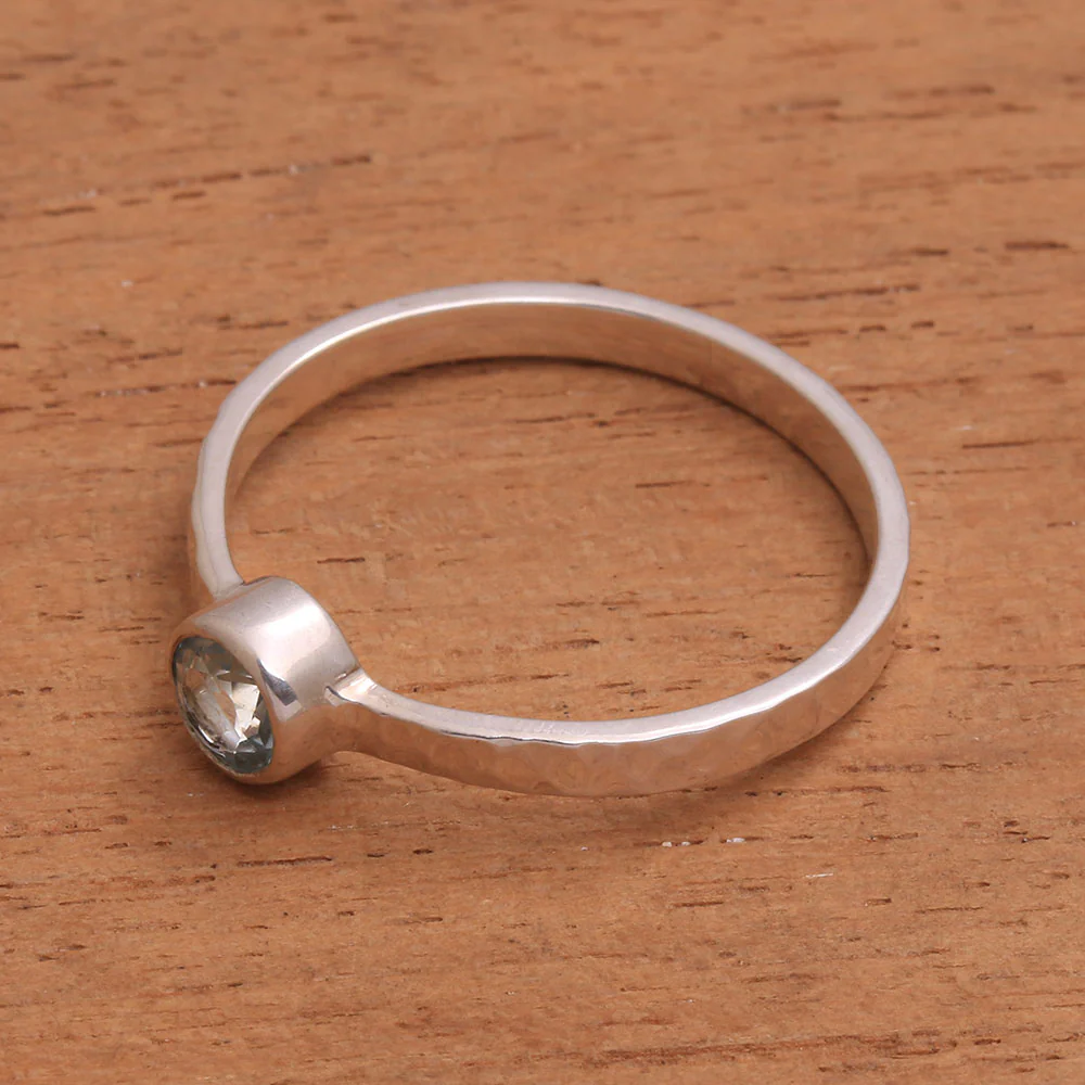 Pretty Paradox Blue Topaz and Hammered Sterling Silver Solitaire Ring - Image 4