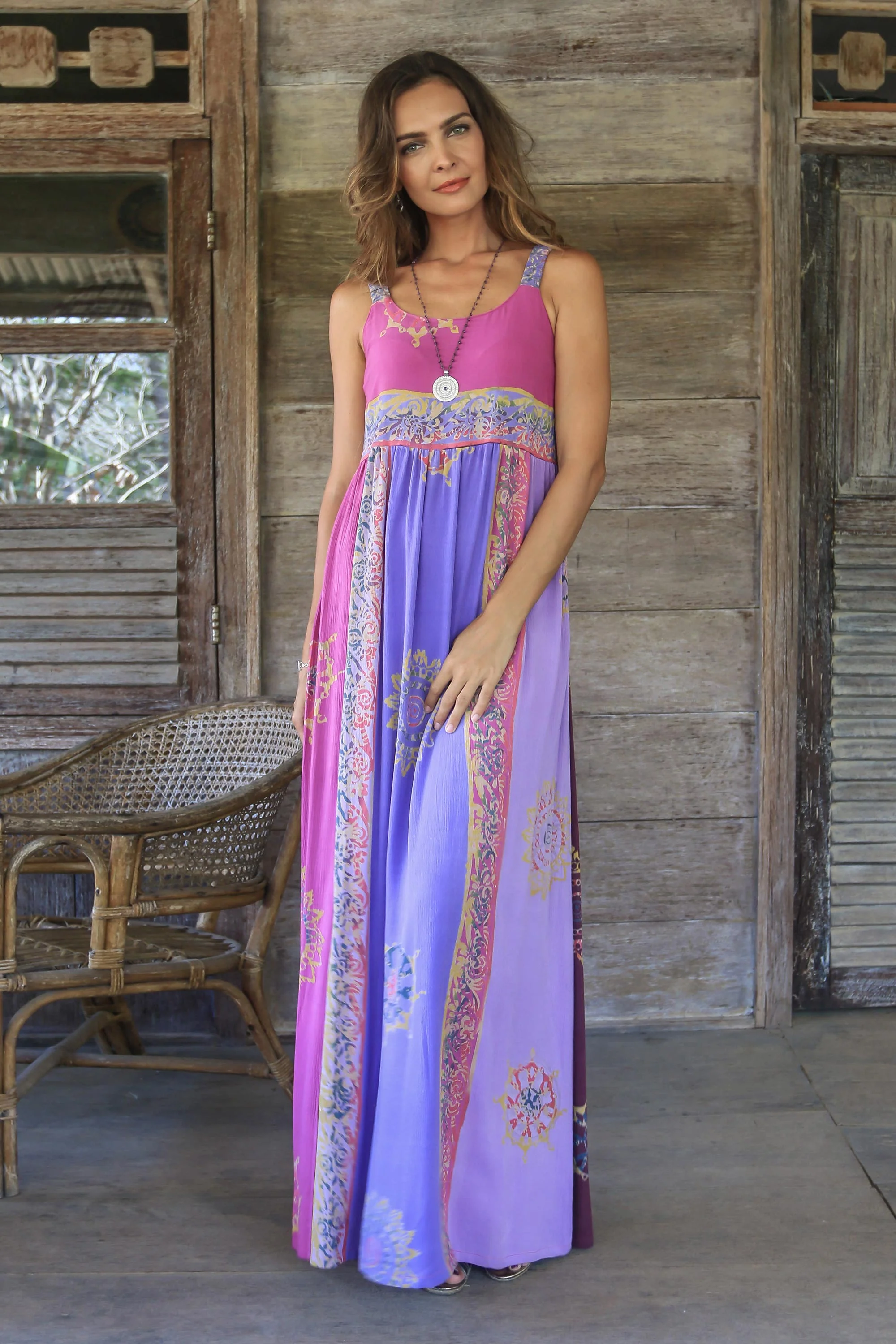Primavera Fuchsia and Purple Batik Rayon Sundress from Bali - Image 3