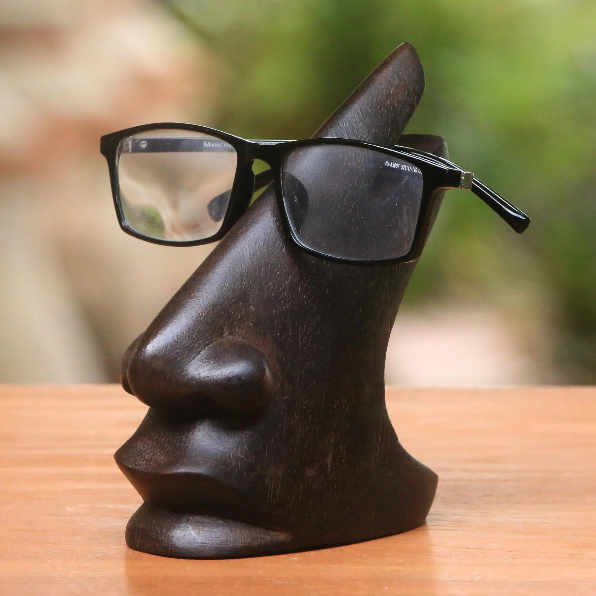 Prominent Nose in Dark Brown Wood Eyeglasses Stand in Dark Brown from Bali - Image 3