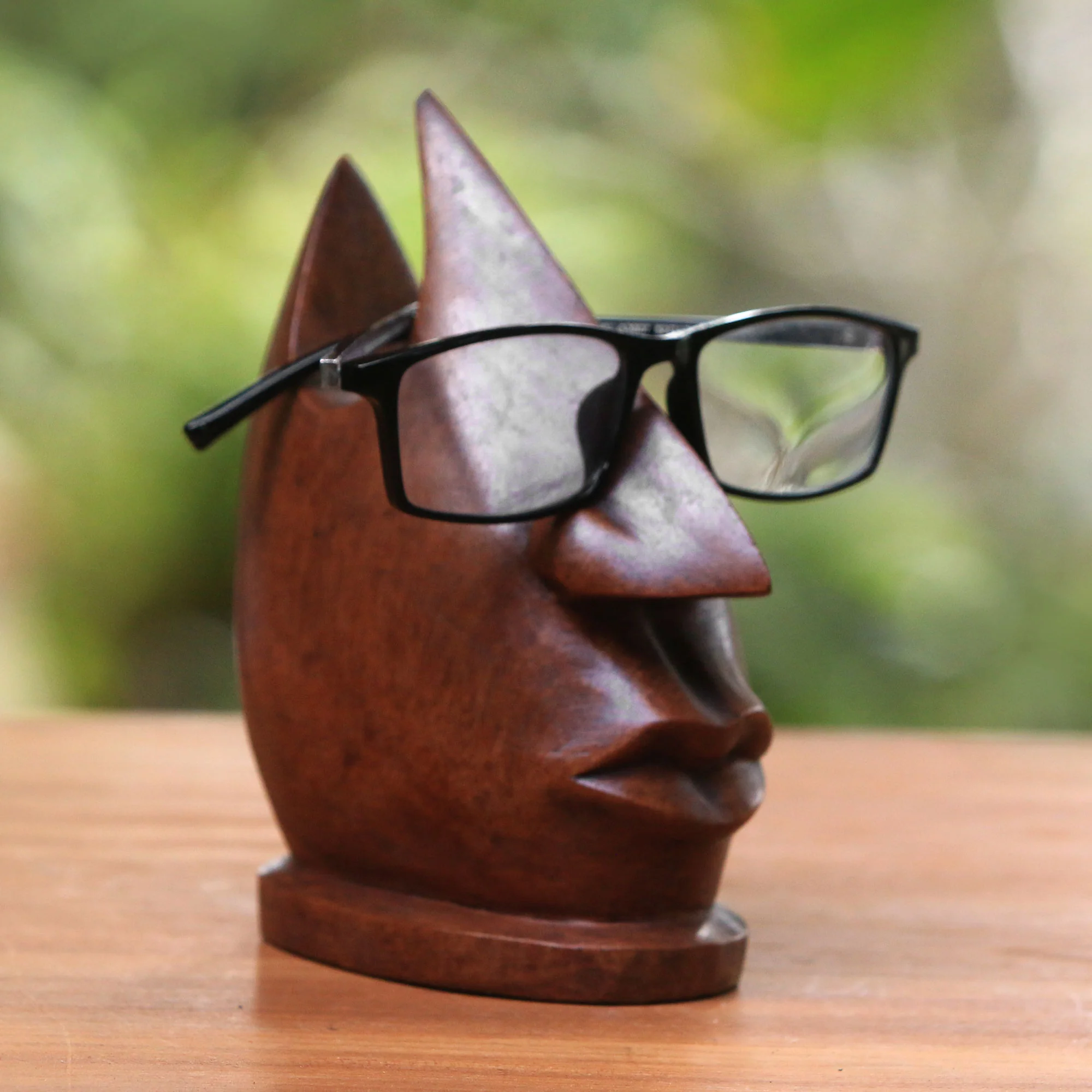 Prominent Nose in Light Brown Wood Eyeglasses Stand in Light Brown from Bali - Image 3