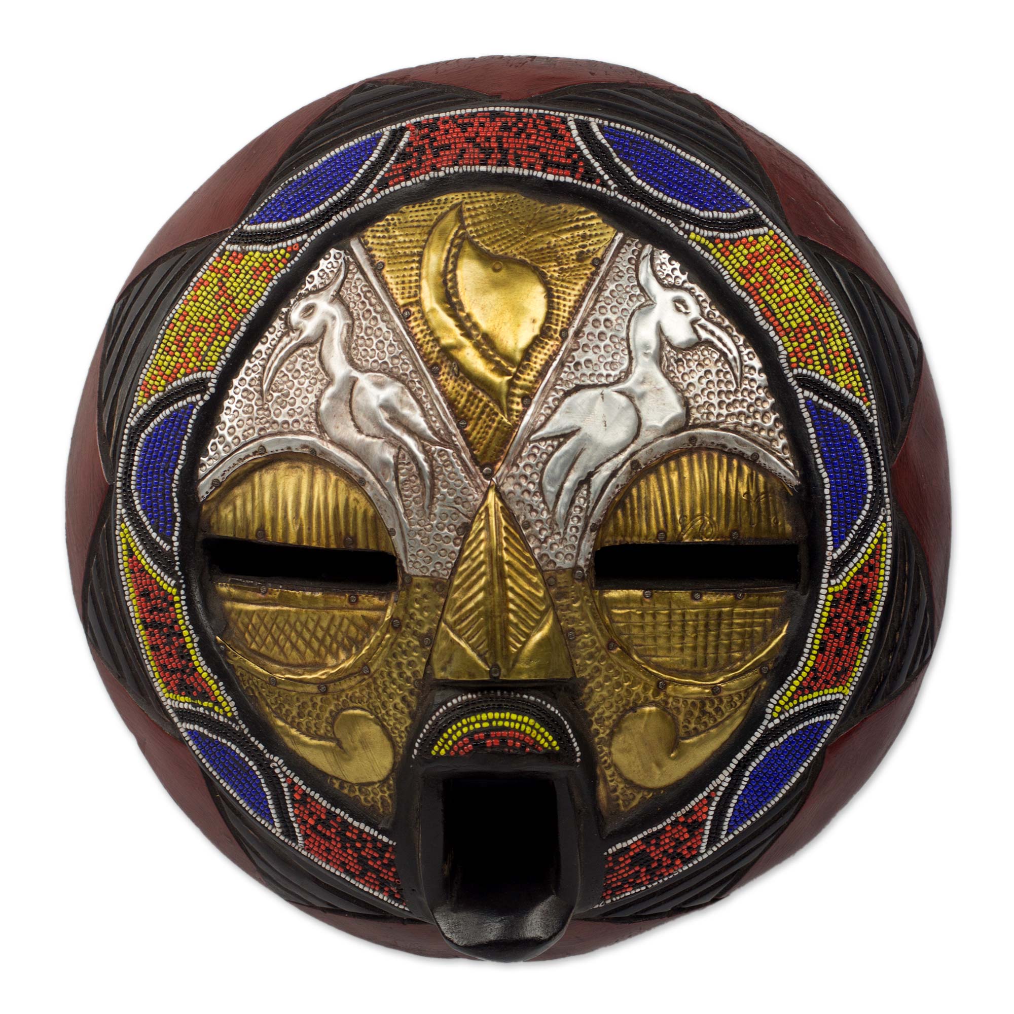Promise of Prosperity Bead and Brass Repousse African Wall Mask with Animal Motifs - Image 2