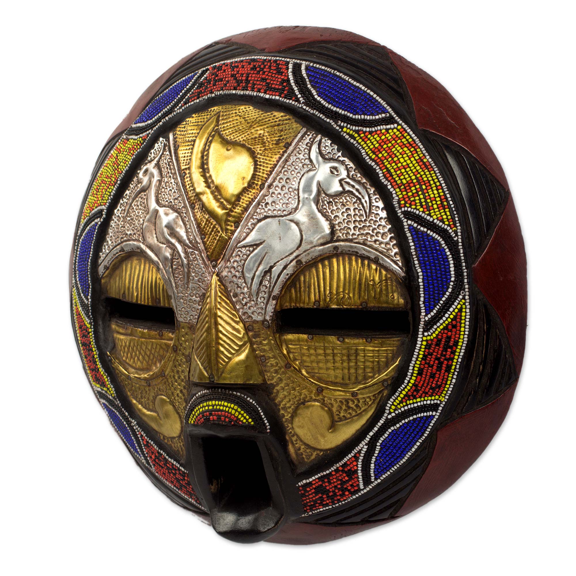 Promise of Prosperity Bead and Brass Repousse African Wall Mask with Animal Motifs - Image 3
