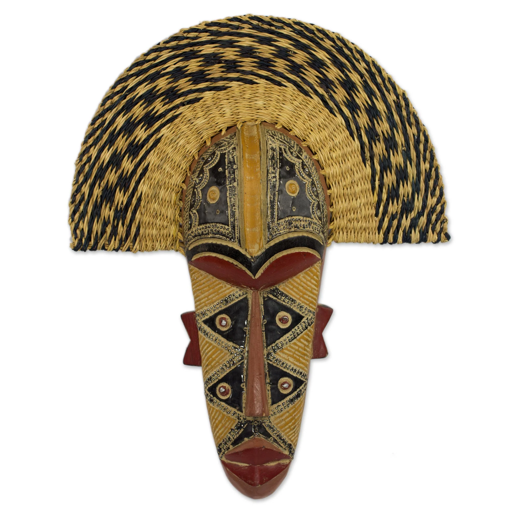 Prosper Hand Made African Mask with Wood and Raffia Accents - Image 2