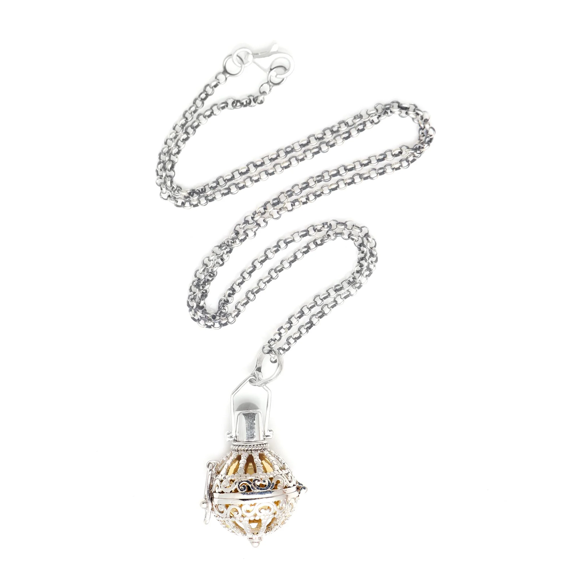 Protective Goddess Silver and Moonstone Harmony Ball Necklace with Brass - Image 2