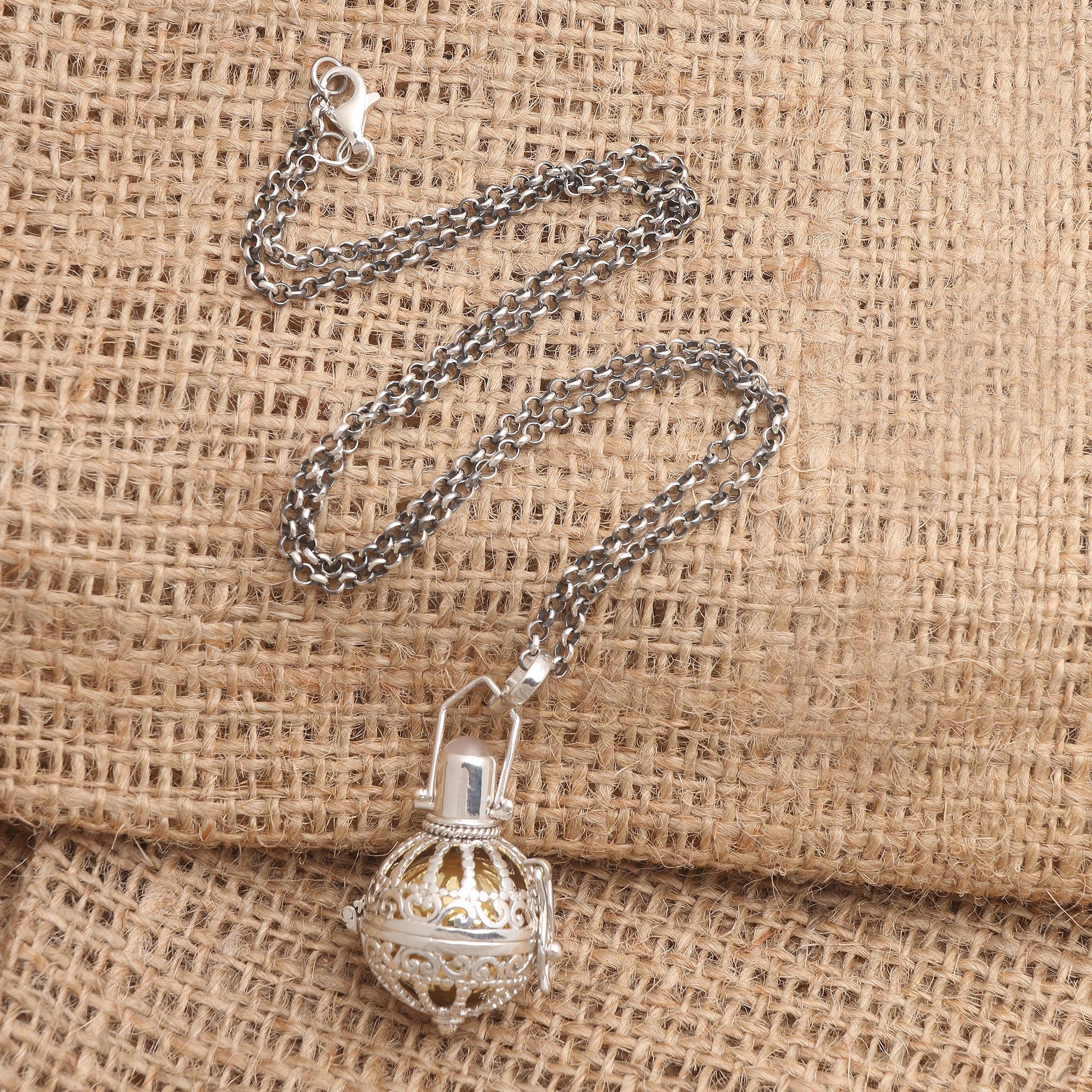 Protective Goddess Silver and Moonstone Harmony Ball Necklace with Brass - Image 3