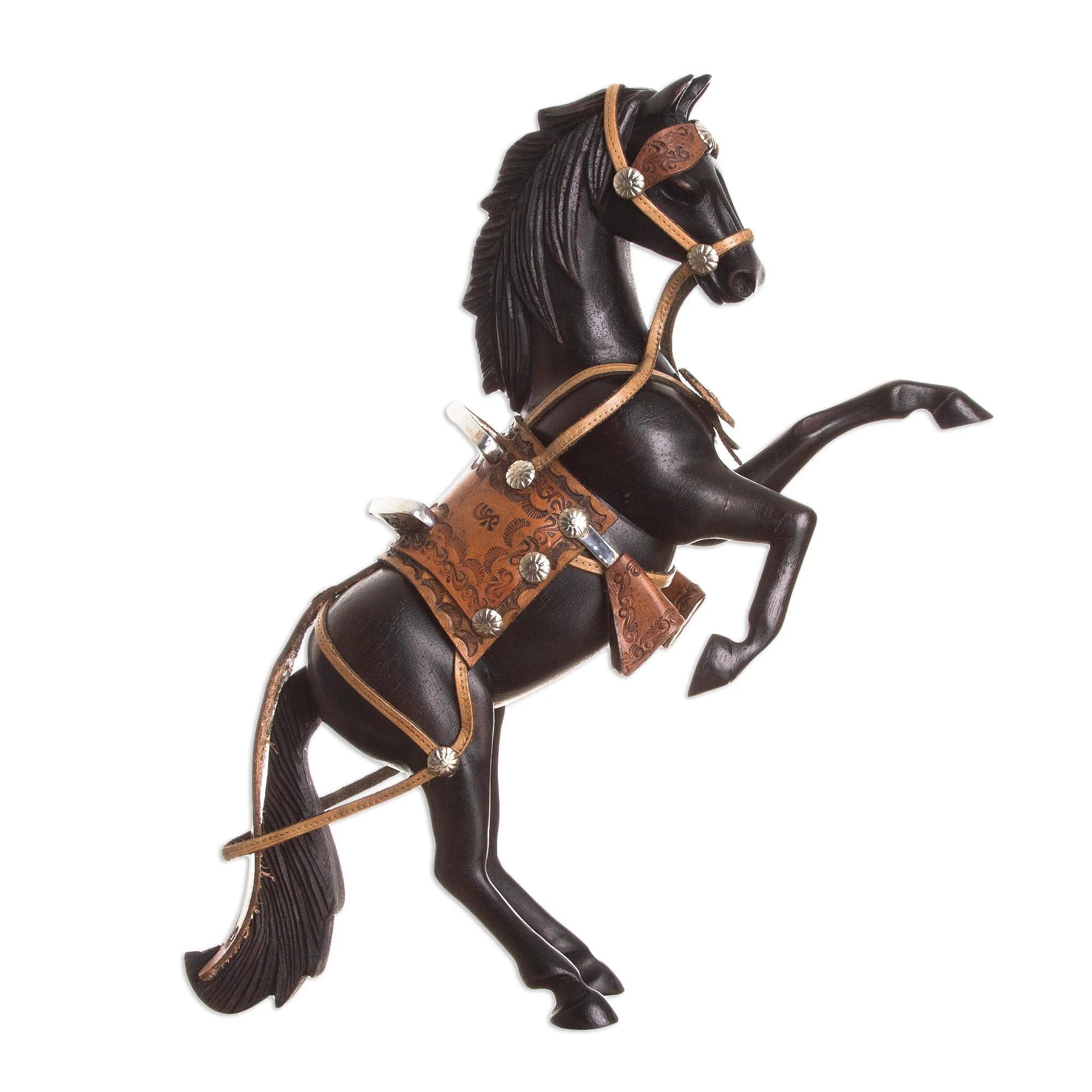 Proud Horse Cedar and Leather Horse Sculpture Carved by Hand - Image 2
