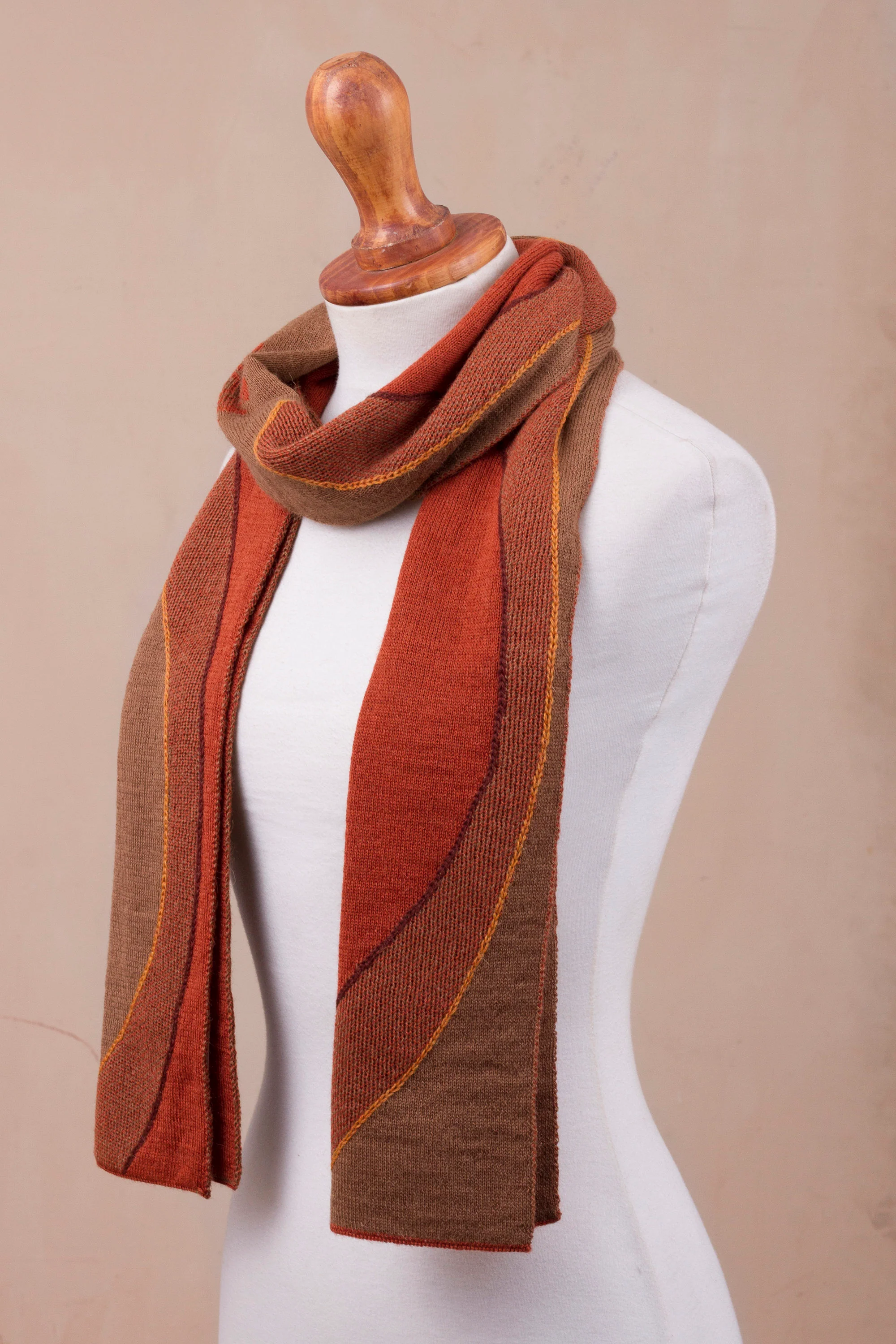 Pumpkin and Sepia Cosmovision Sun Motif Sepia and Pumpkin Alpaca Blend Scarf from Peru - Image 4