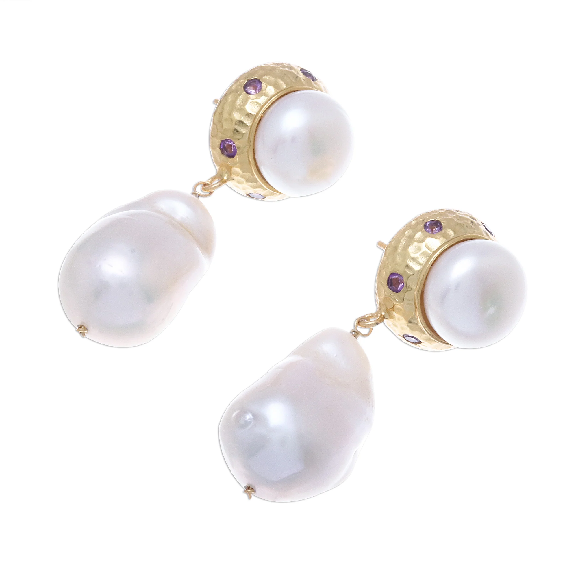 Pure Ocean Gold Plated Cultured Pearl and Amethyst Dangle Earrings - Image 4