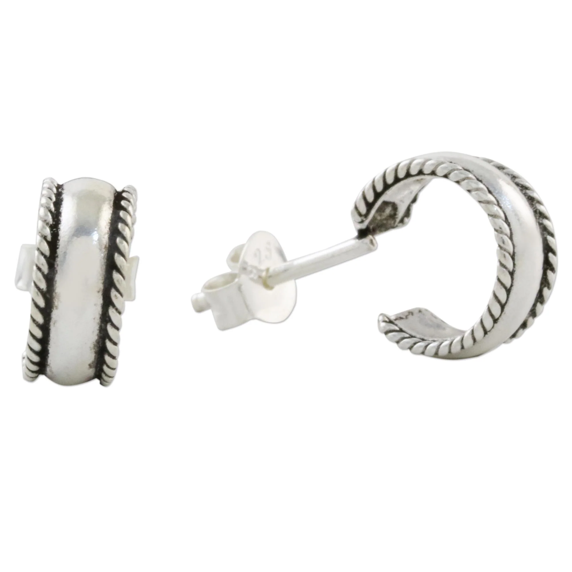 Purity of the Mind Rope Motif Sterling Silver Half-Hoop Earrings from Thailand - Image 4