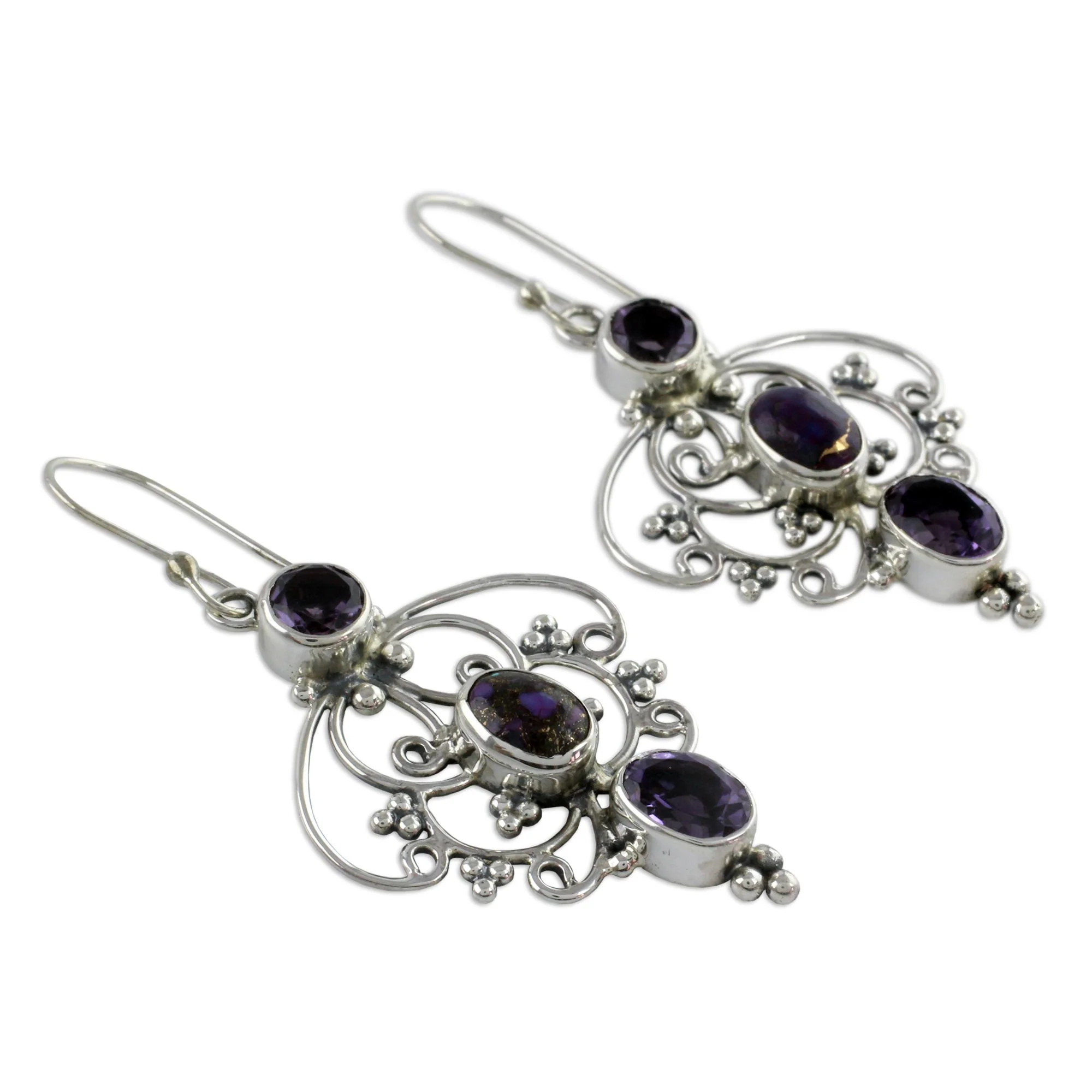 Purple Arabesque Artisan Crafted Amethyst Earrings with Composite Turquoise - Image 3