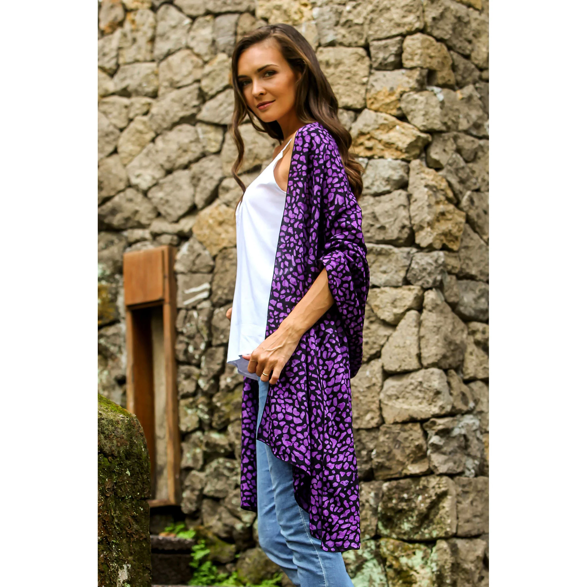 Purple Beach Pebbles 100% Rayon Stamped Batik Shawl - Image 3