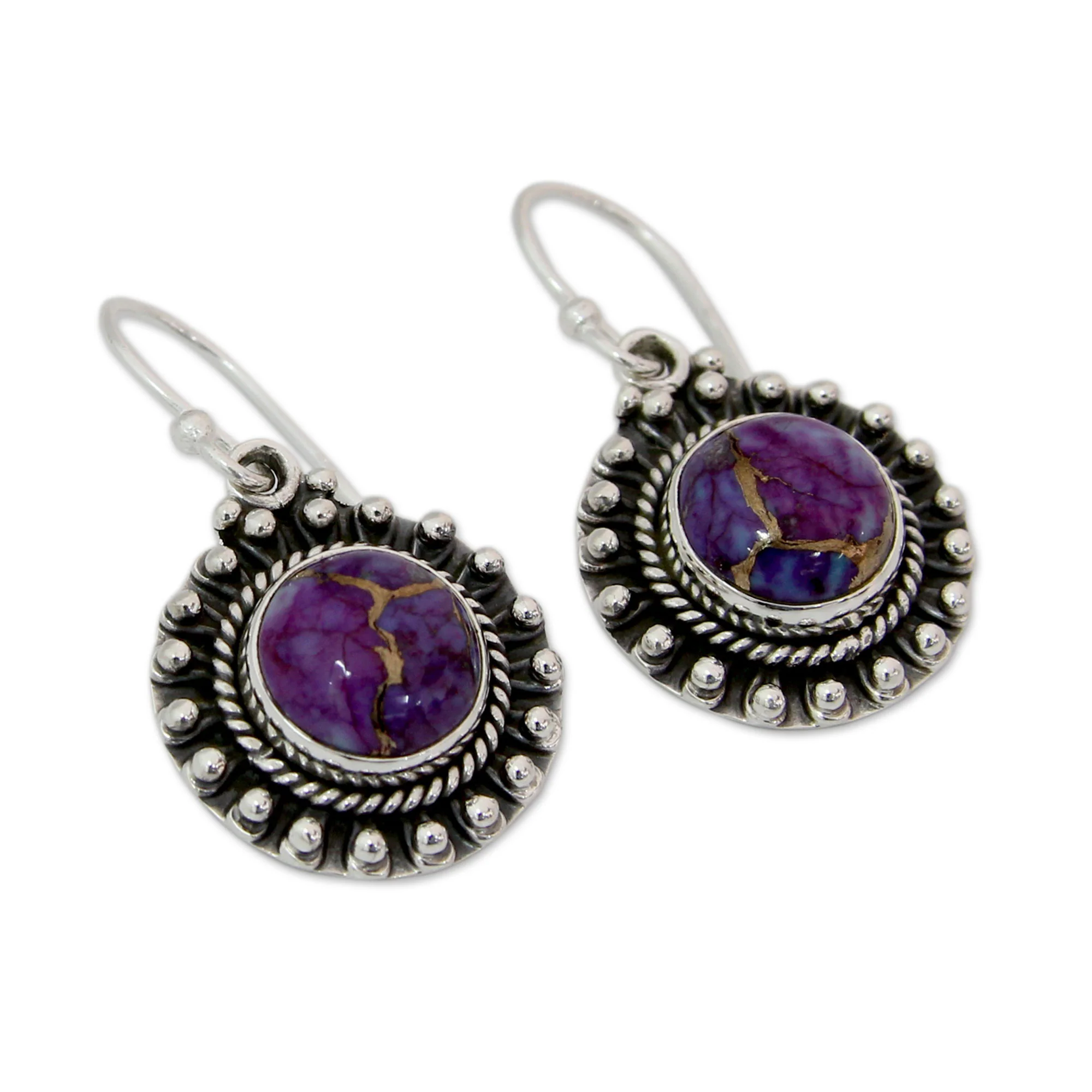 Purple Fire Turquoise & Silver Dangle Earrings - Image 3