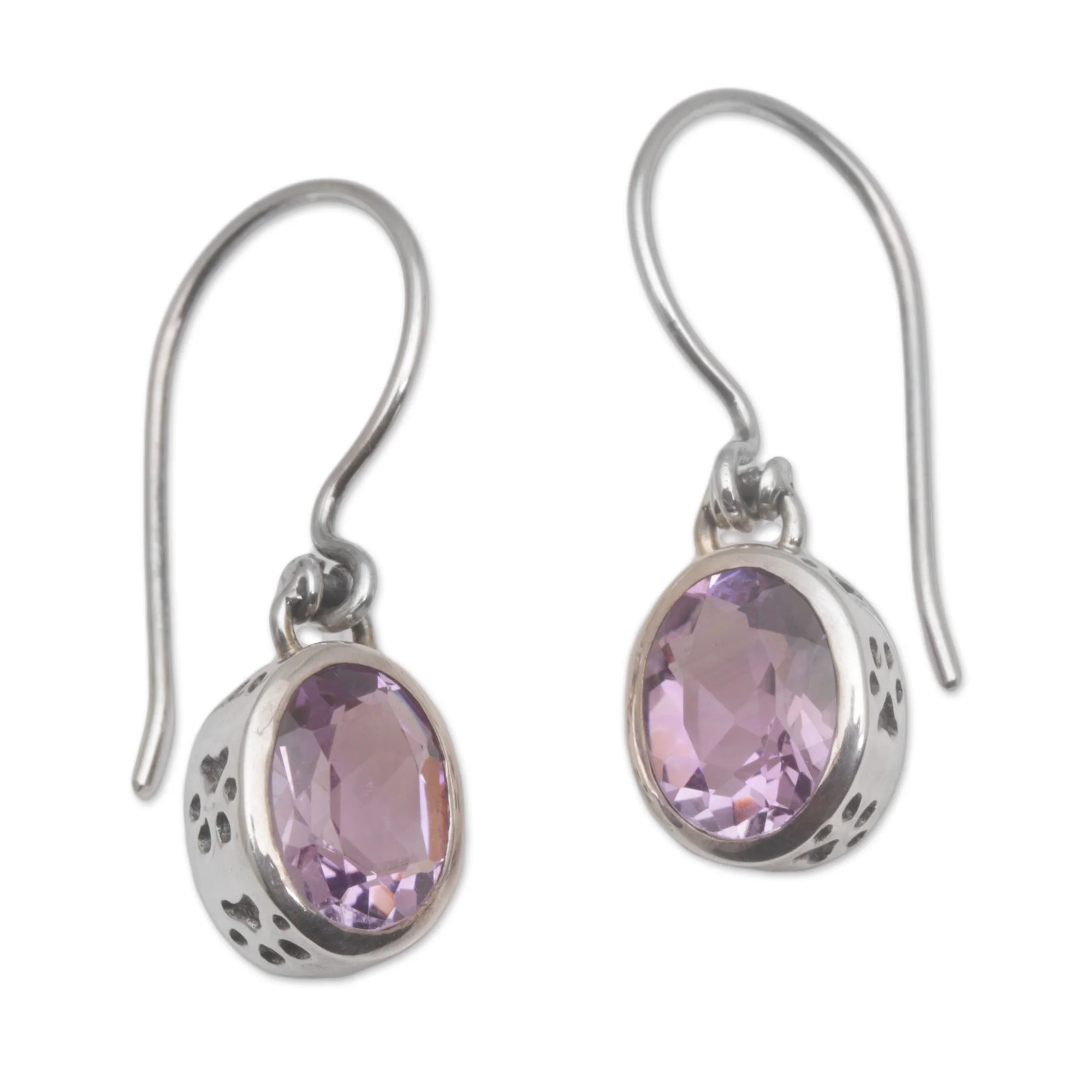 Purple Paws Amethyst and Sterling Silver Paw Print Dangle Earrings - Image 2