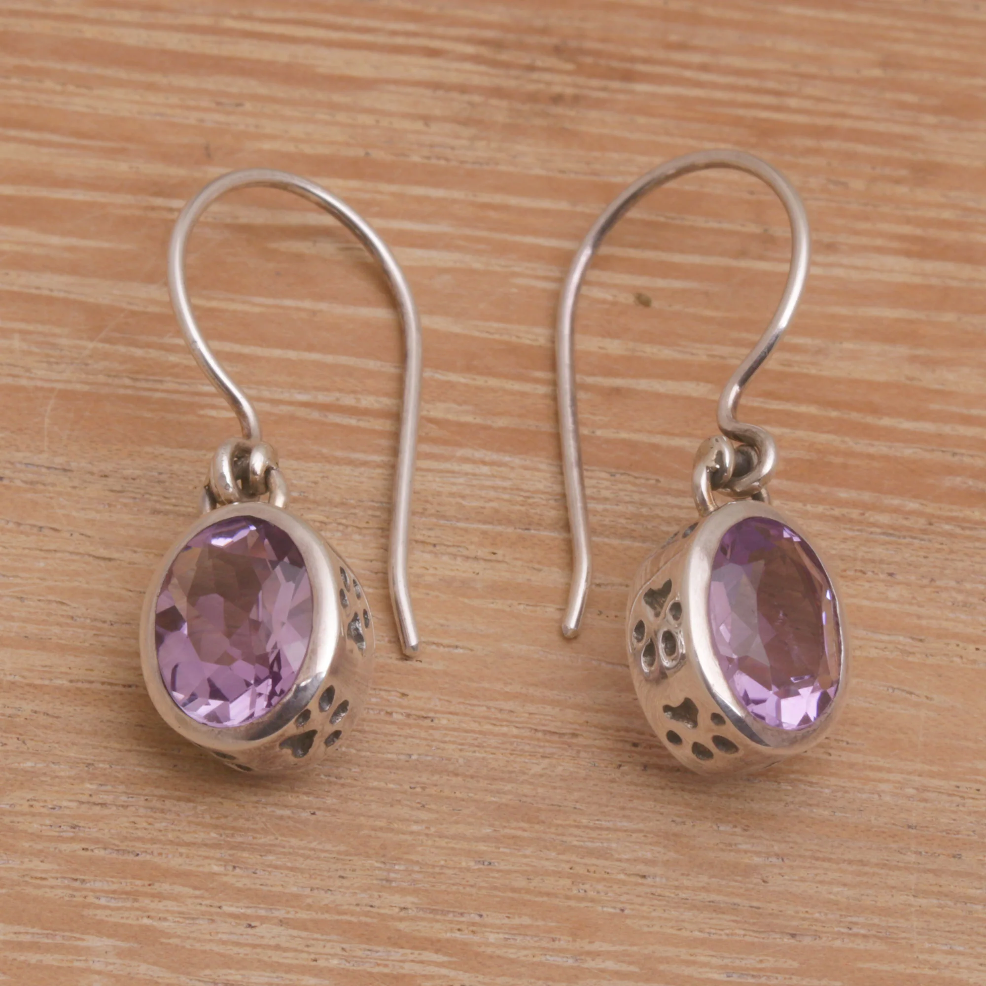 Purple Paws Amethyst and Sterling Silver Paw Print Dangle Earrings - Image 3