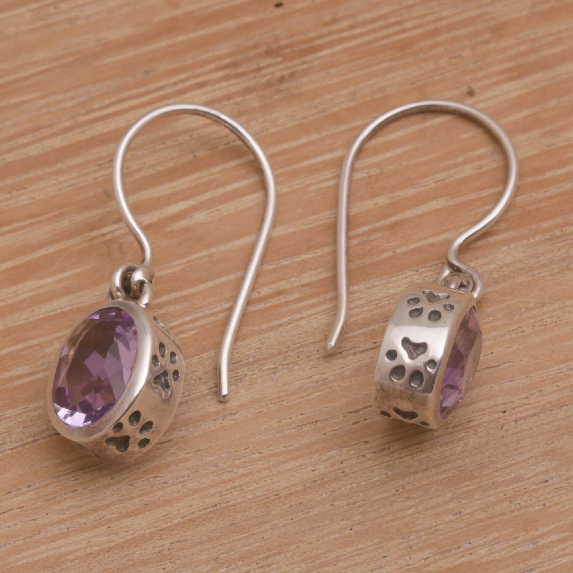 Purple Paws Amethyst and Sterling Silver Paw Print Dangle Earrings - Image 4