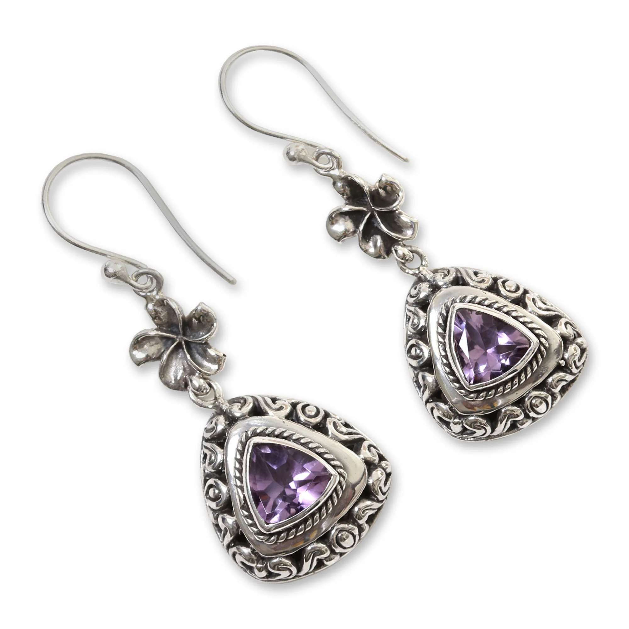 Purple Plumeria Sterling Silver Flower Dangle Earrings with Amethysts - Image 3