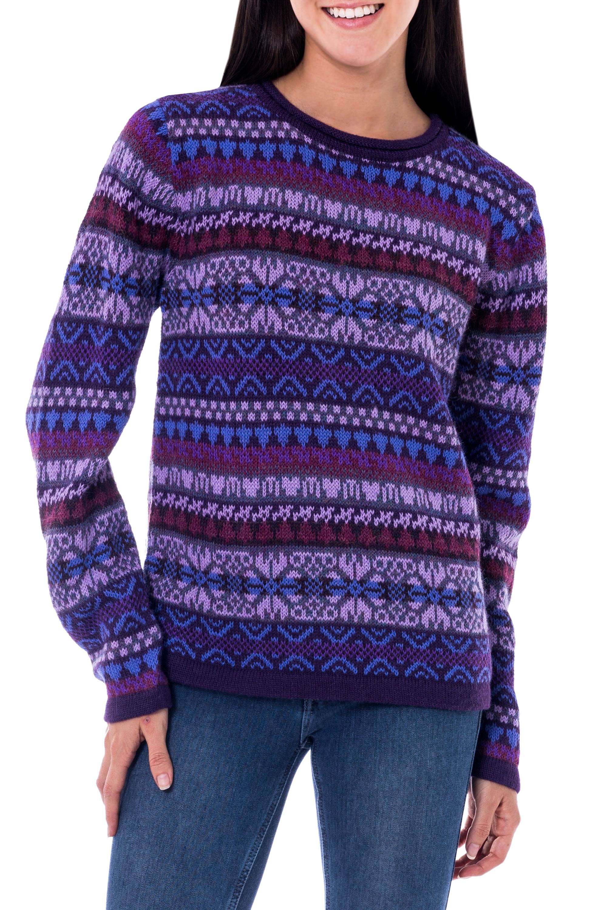 Purple Poppy Knit 100% Alpaca Snowflake Pattern Pullover Sweater - Image 2