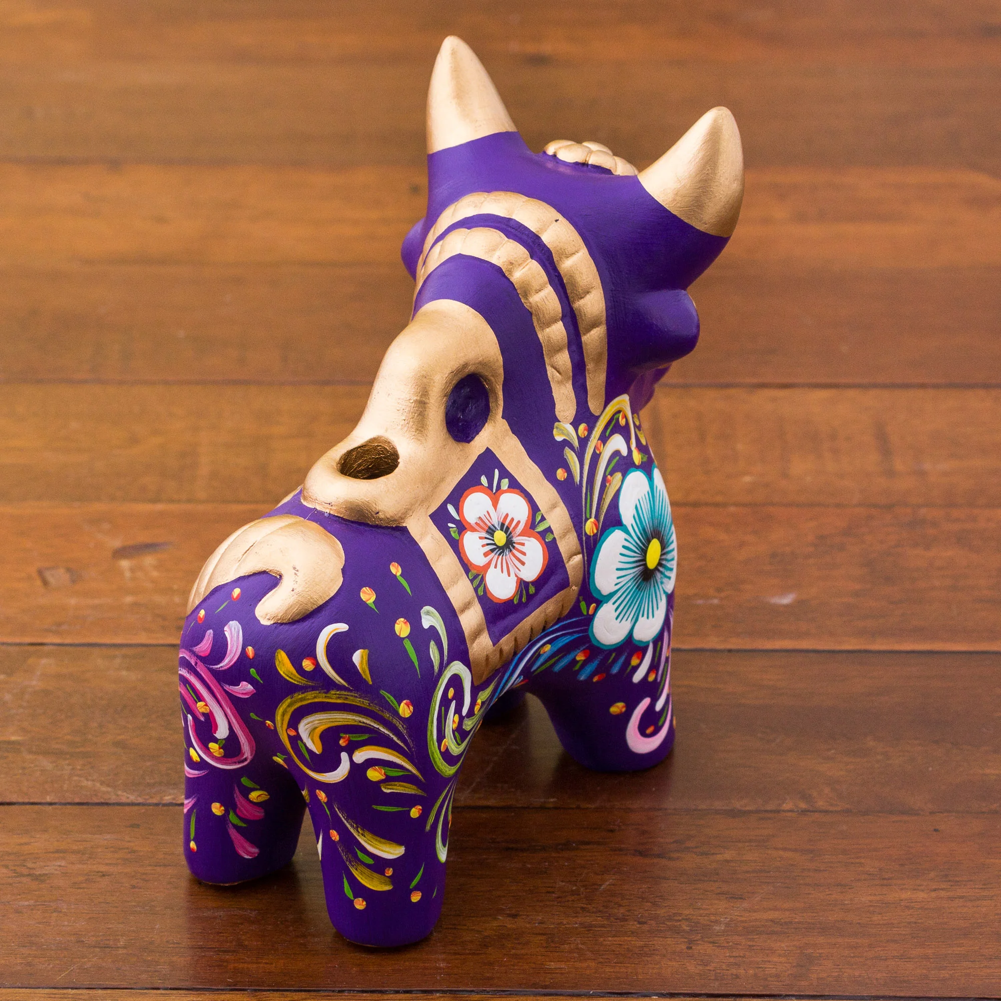 Purple Pucara Bull Purple Floral Painted Ceramic Bull Sculpture from Peru - Image 3