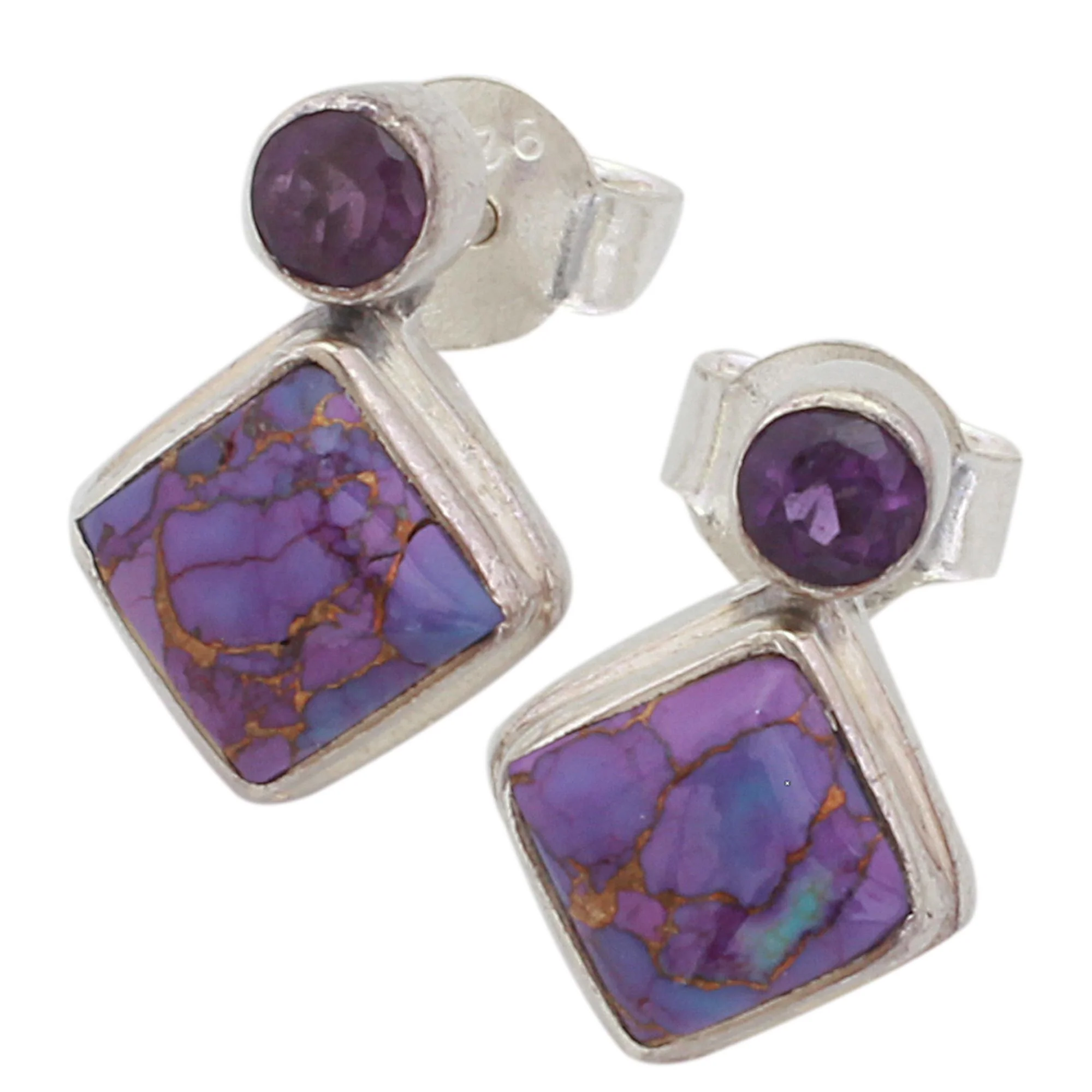 Purple Sparkle Turquoise & Silver Drop Earrings - Image 5